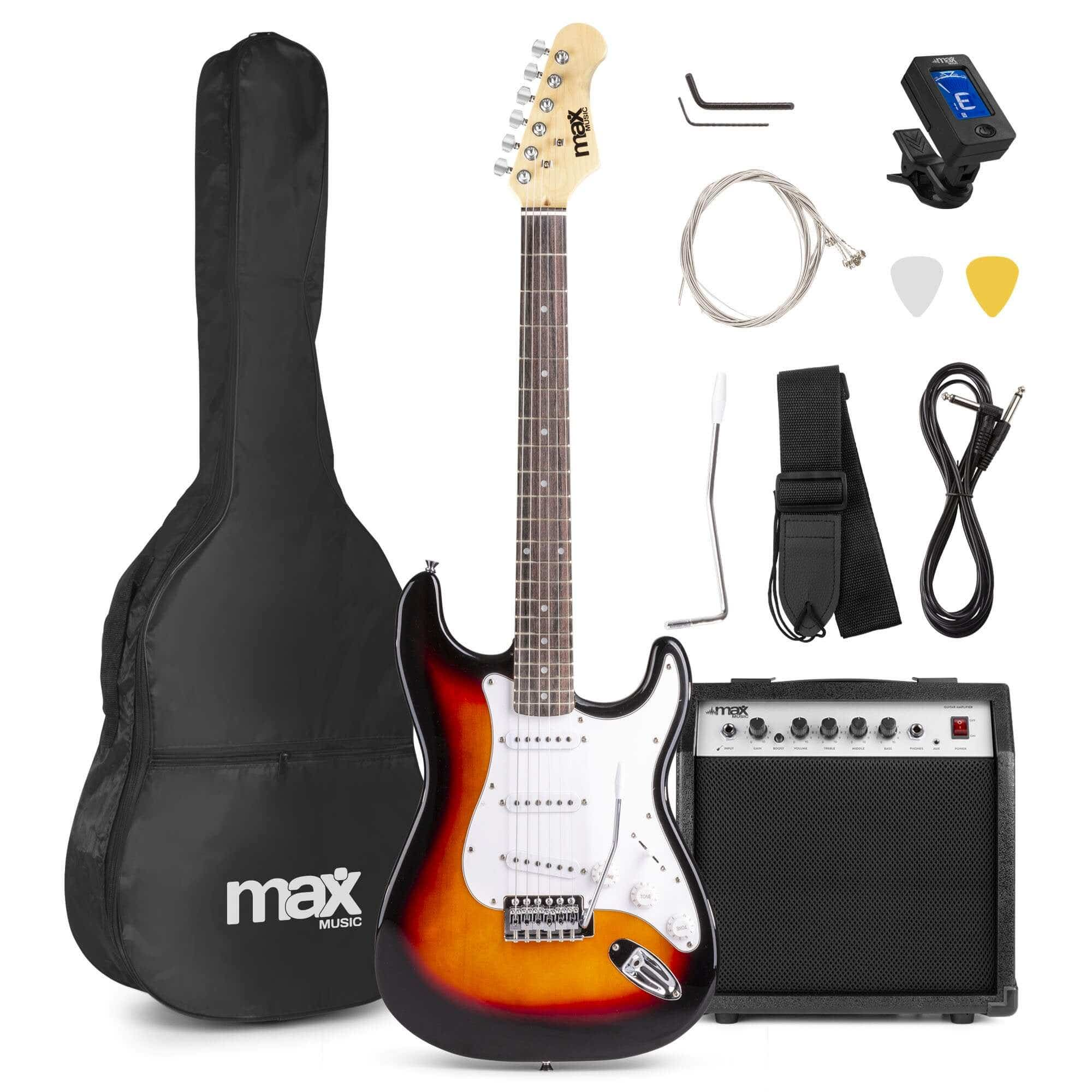 Ein Gitarren-Set mit E-Gitarre, Verstärker, Koffer, Stimmgerät, Kabel, Plektren und Gurt. Zubehör inklusive.