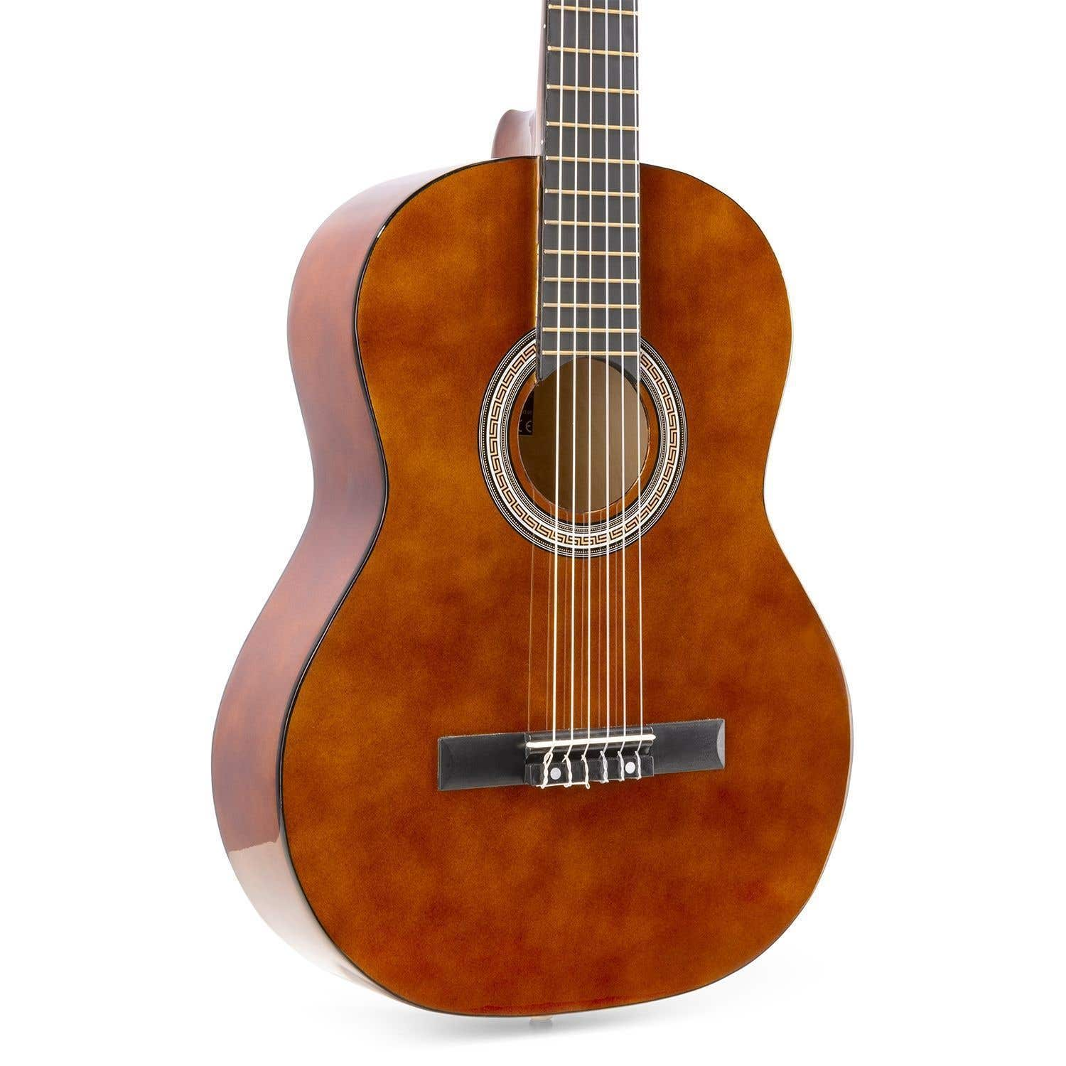 Braune Akustikgitarre auf weißem Hintergrund. Neigt sich nach links.