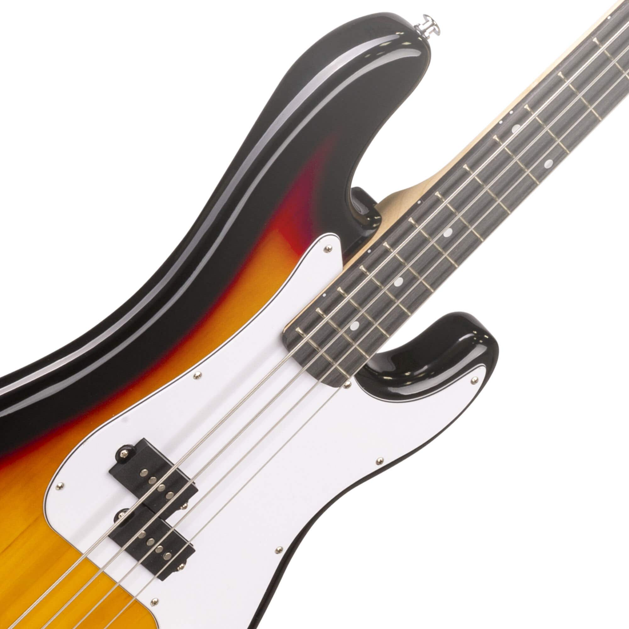 Gros plan du corps d'une basse sunburst, montrant les cordes et micros.