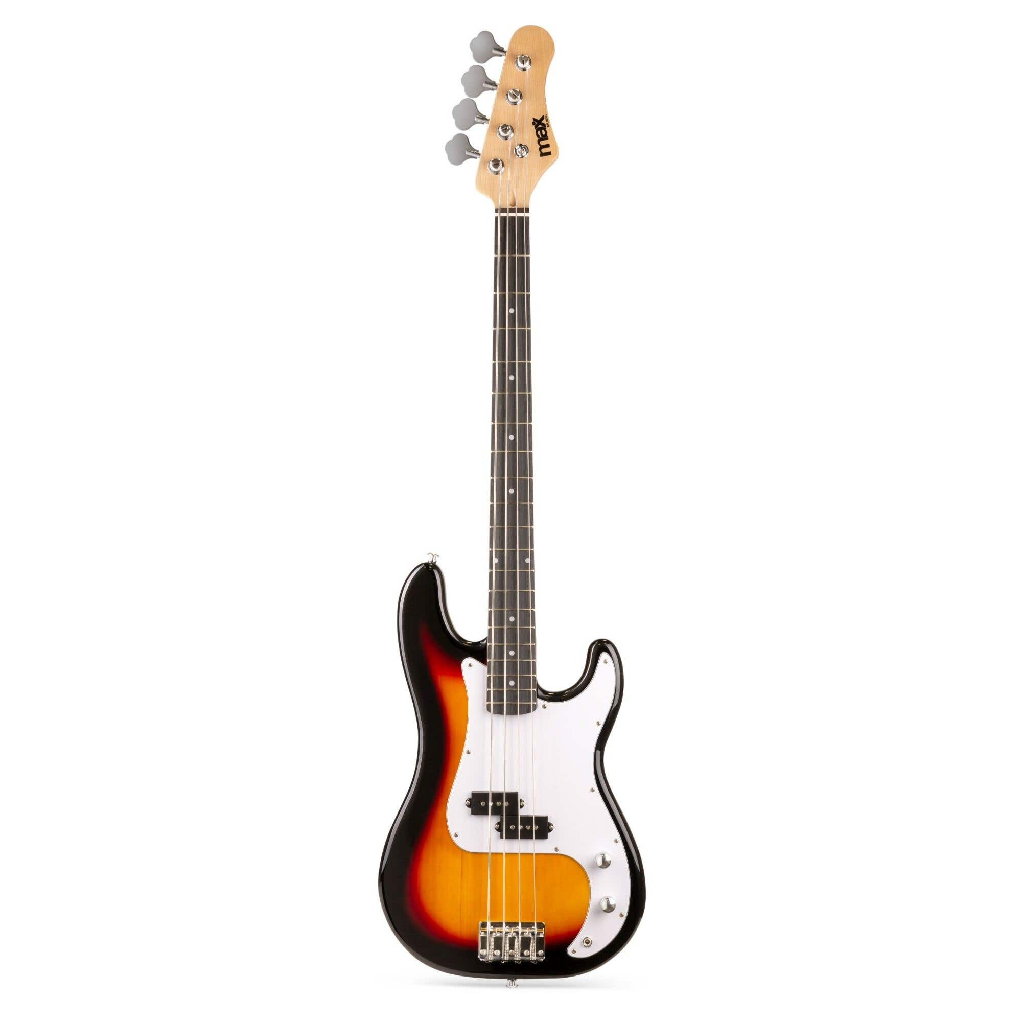 Guitare basse, noir, orange et blanc. Sur fond blanc. Quatre cordes, quatre chevilles.