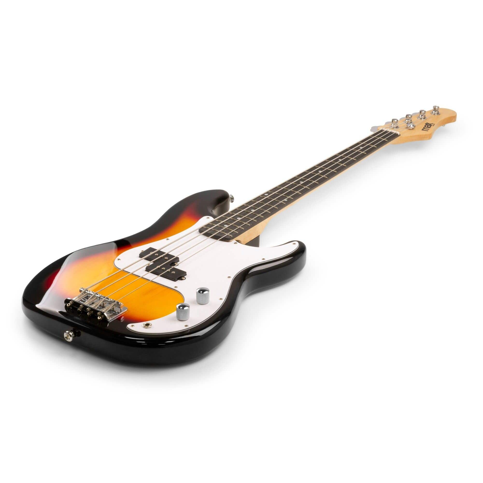 Une basse sunburst posée sur fond blanc.