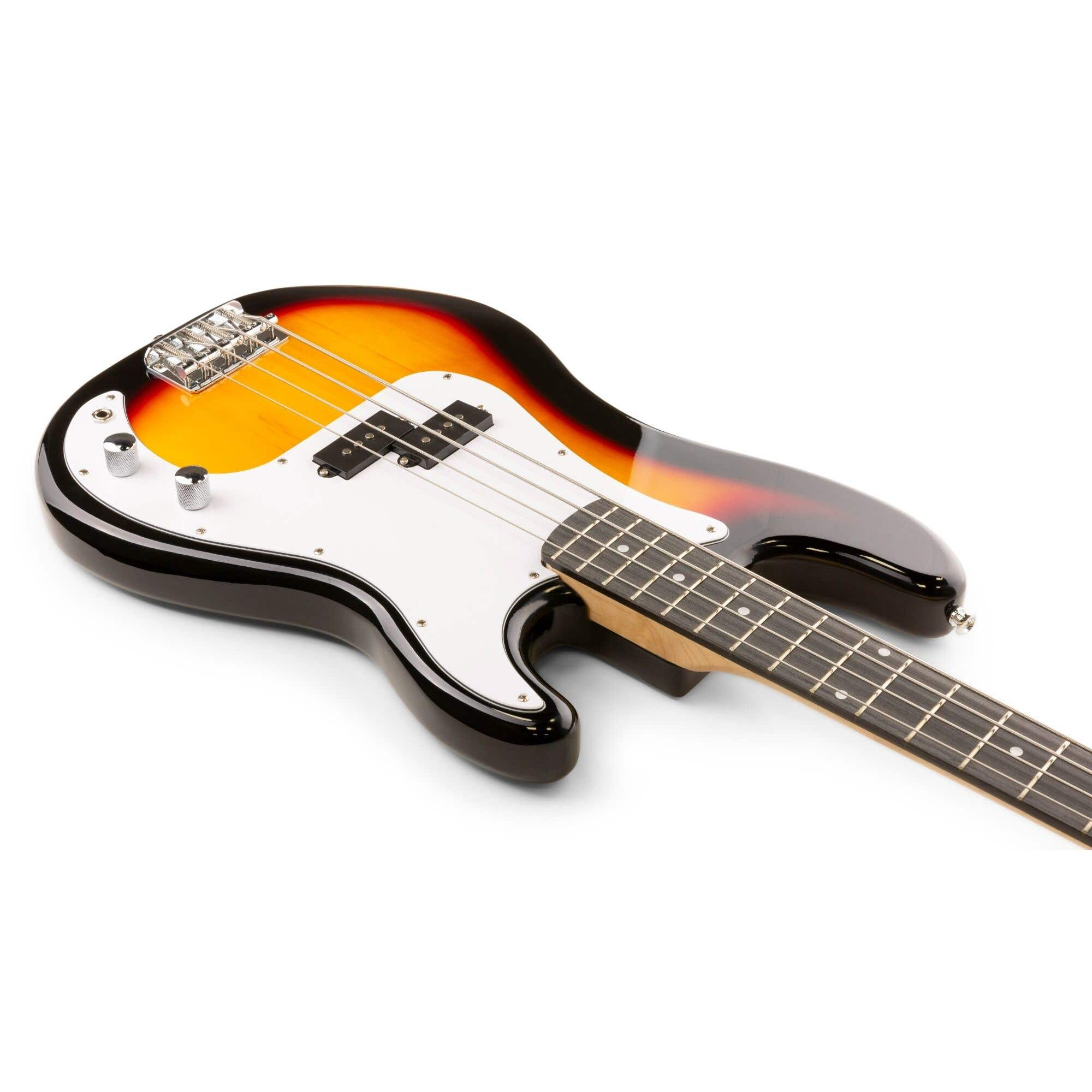 Guitare basse, noire, orange et blanche. Vue en angle. Fond blanc.