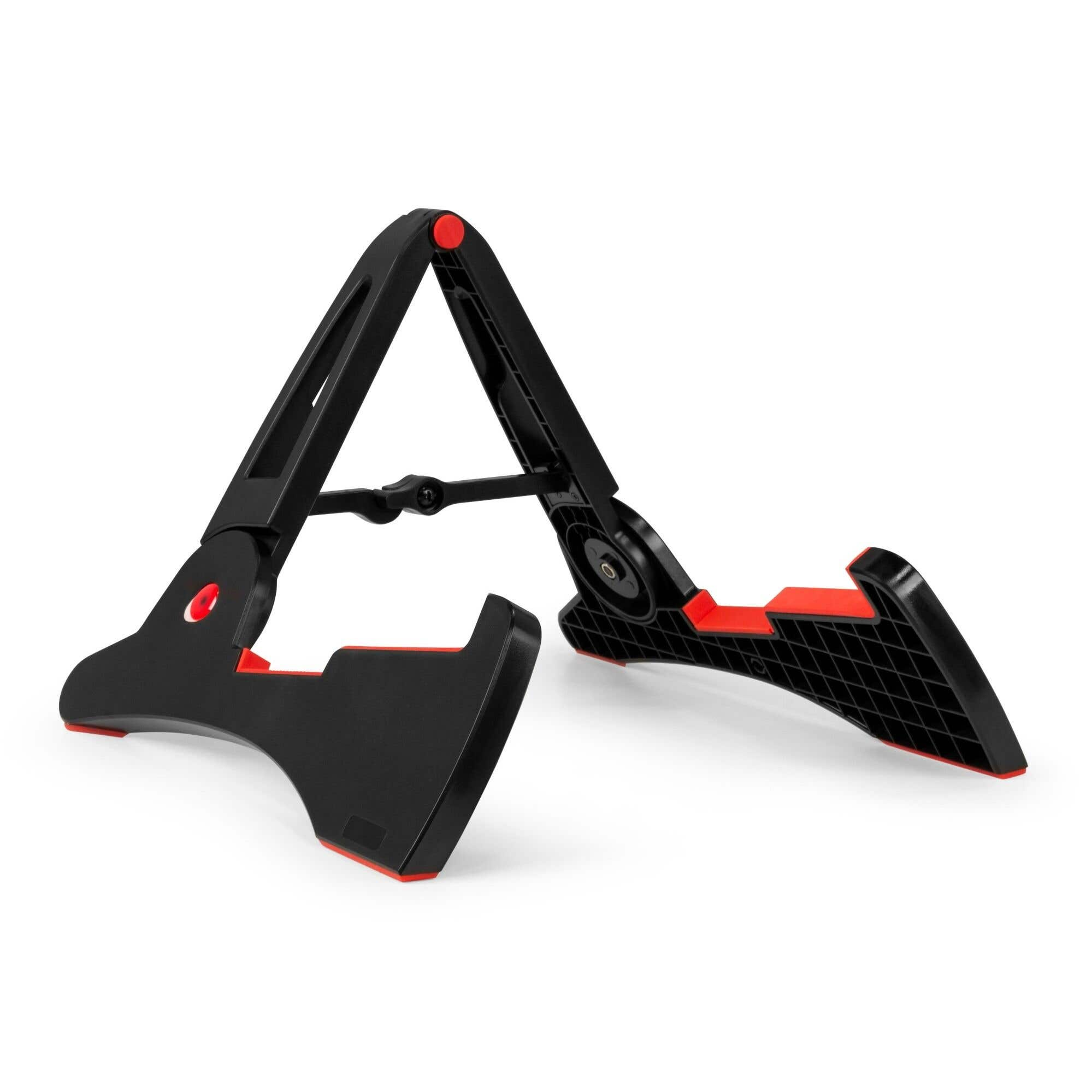 Un support de guitare noir et rouge sur fond blanc.