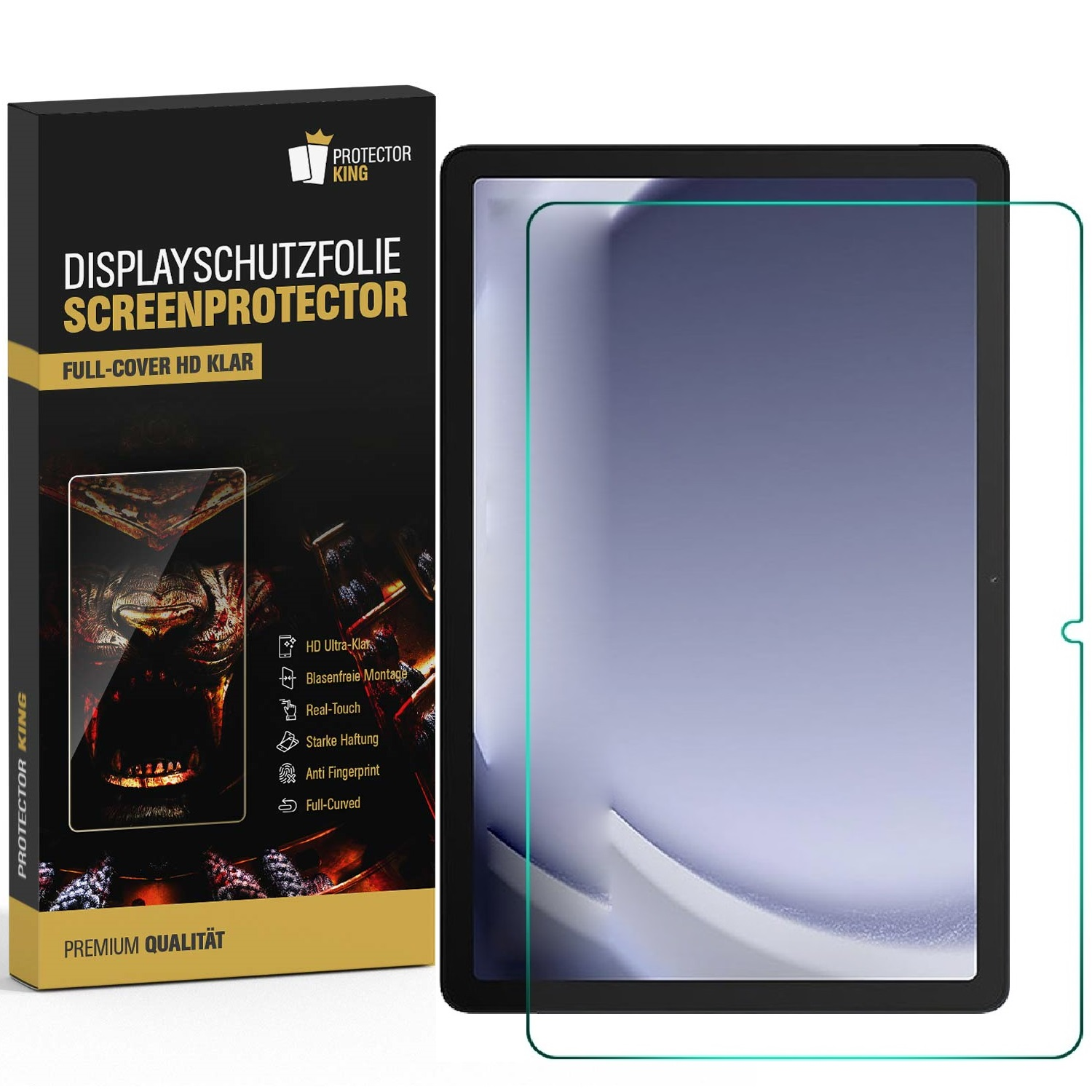 Tablet mit Displayschutzfolie und Verpackung. Die Verpackung zeigt die Eigenschaften der Folie.
