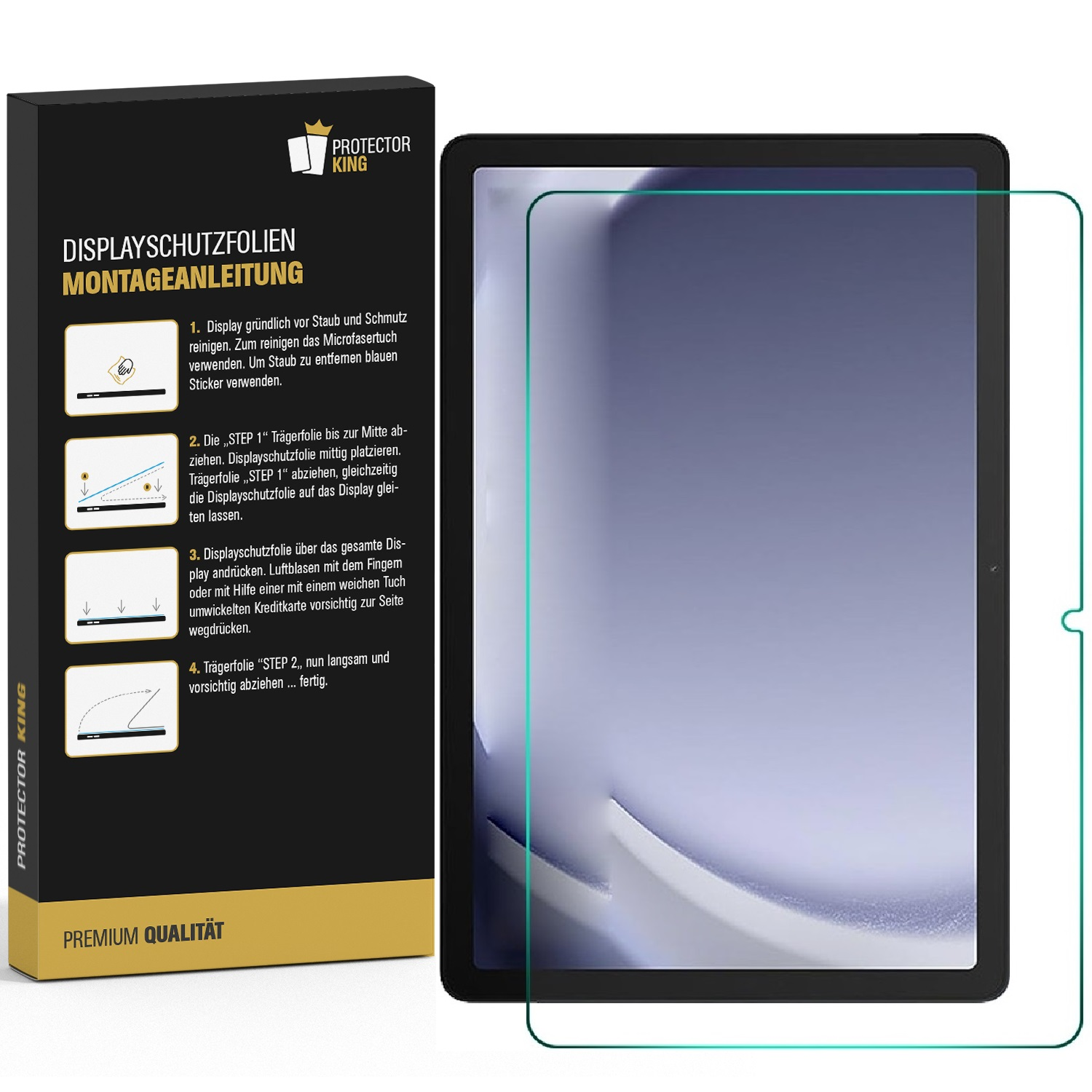 Ein Tablett-Displayschutz in einer Box mit Anweisungen und einem Tablet. Der Schutz ist klar.