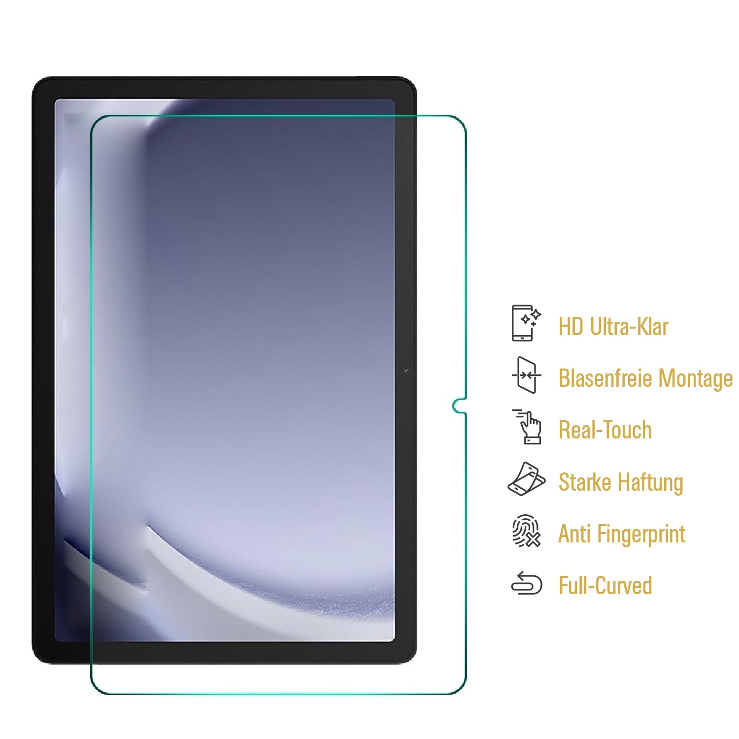 Tablet-Displayschutz mit Funktionen: HD, einfache Installation, Real-Touch, Anti-Fingerprint.