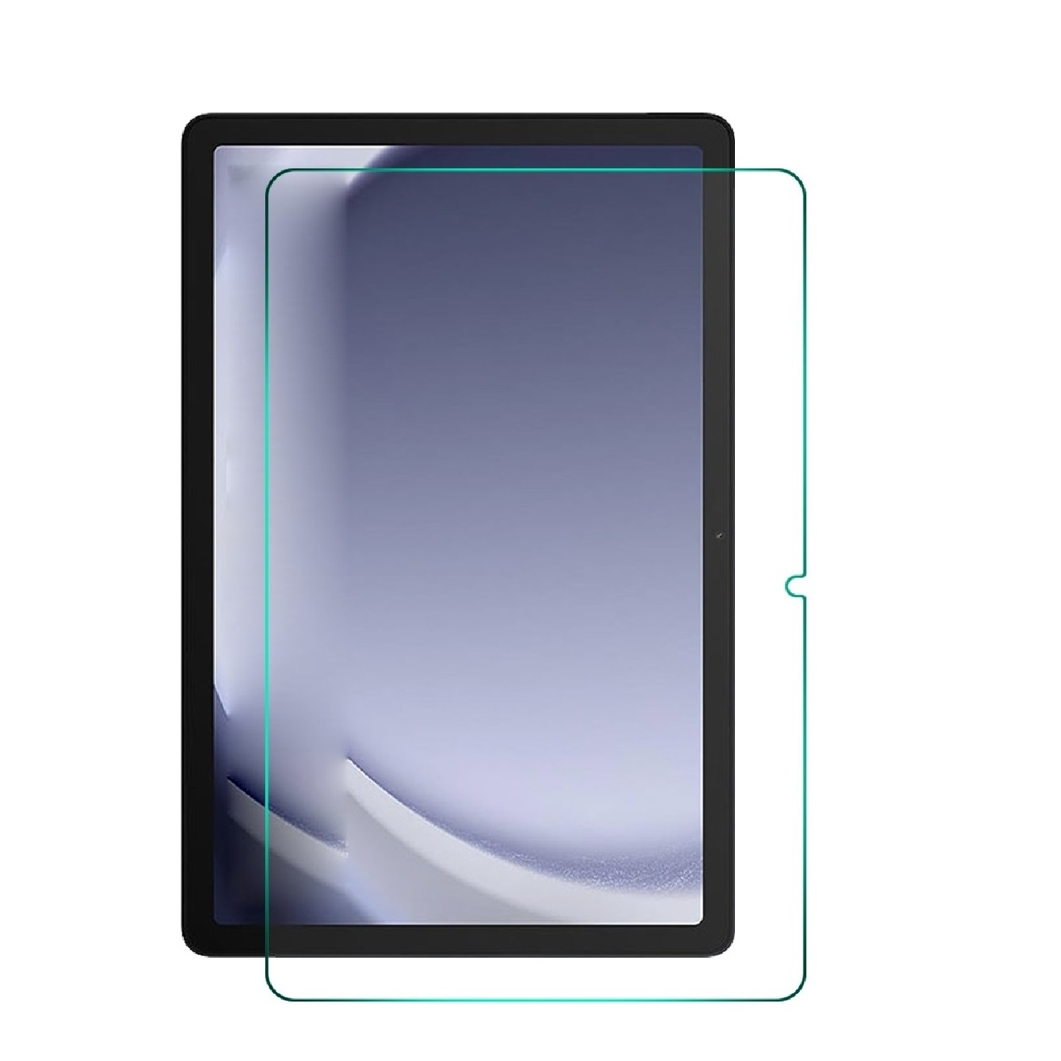 Tablet mit angebrachter Displayschutzfolie. Der Protektor hat einen grünen Umriss.