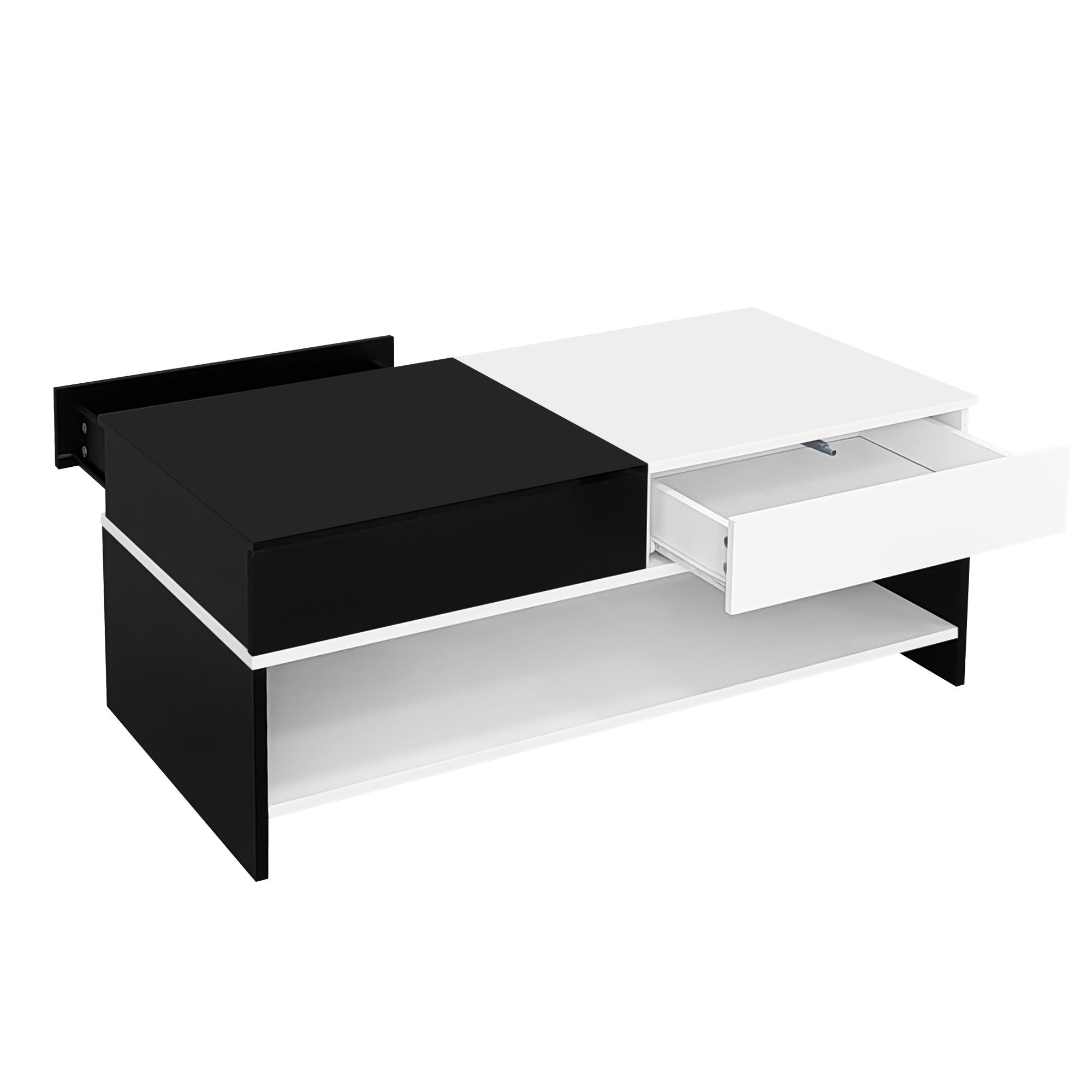 Ein moderner schwarz-weißer Couchtisch mit offener Schublade und einem Regal. Die Oberseite ist glänzend.