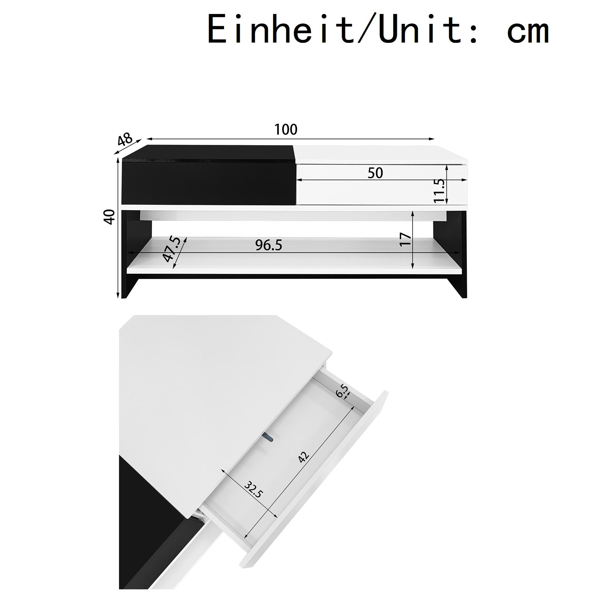 Abmessungen eines schwarz-weißen Couchtisches in Zentimetern. Die Abmessungen sind beschriftet.