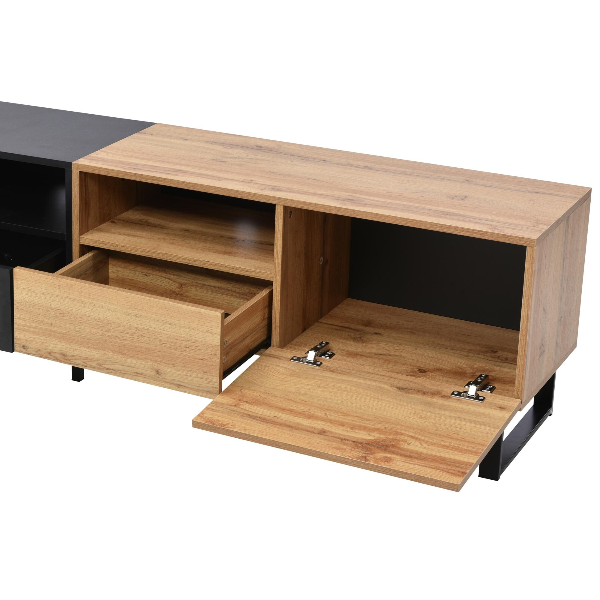 TV-Ständer aus Holz mit offenen und geschlossenen Fächern. Eine Schublade ist geöffnet. Schwarze und Holzfarben.