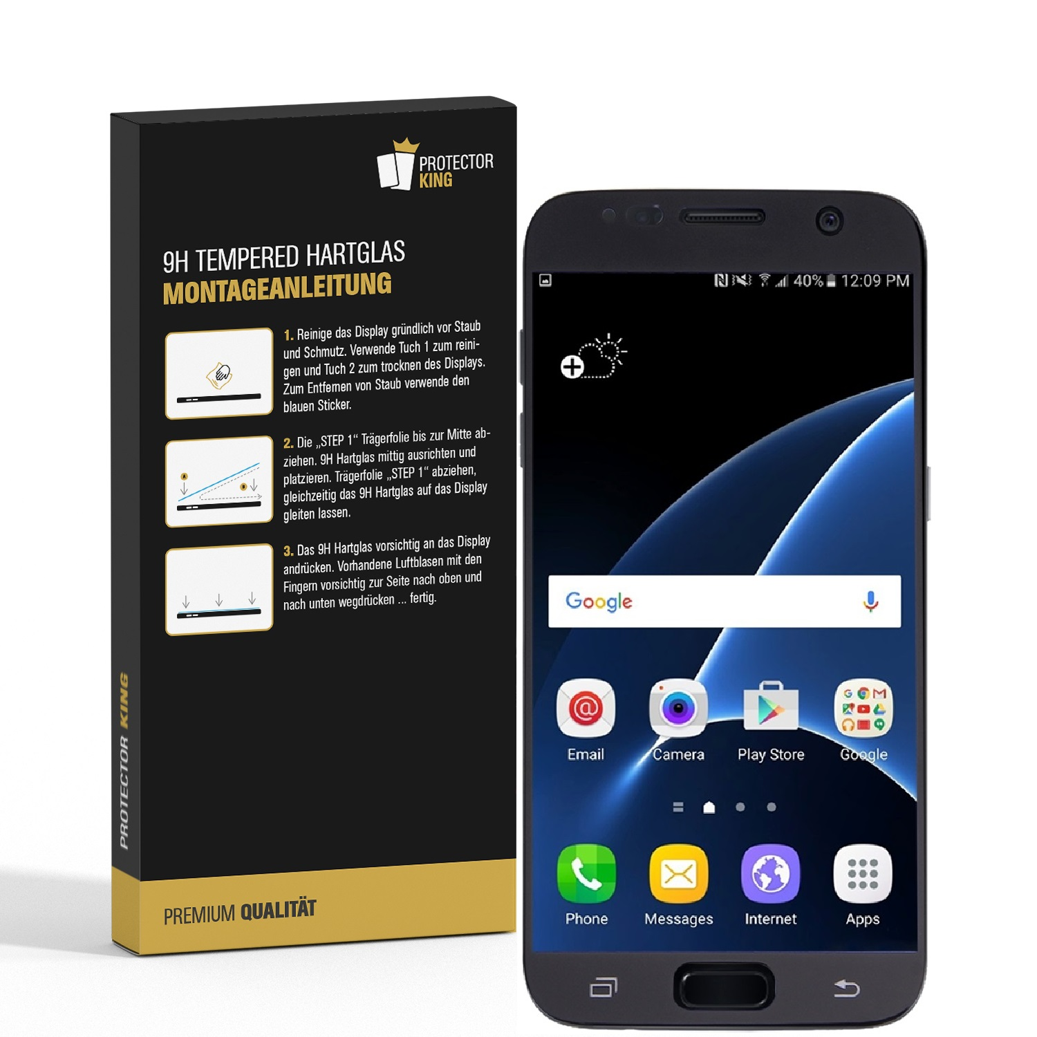 Telefon mit einer Displayschutzfolien-Box. Das Telefon hat einen schwarzen Rahmen und ein blaues Display.