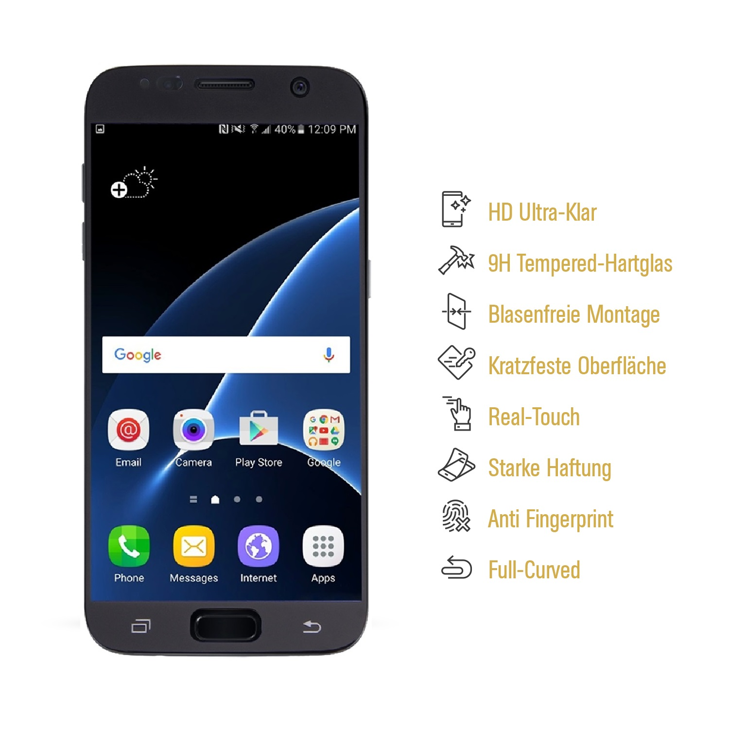 Smartphone mit geöffneten Google-Apps. Symbole für Telefon, Nachrichten, Internet und Apps sind sichtbar.
