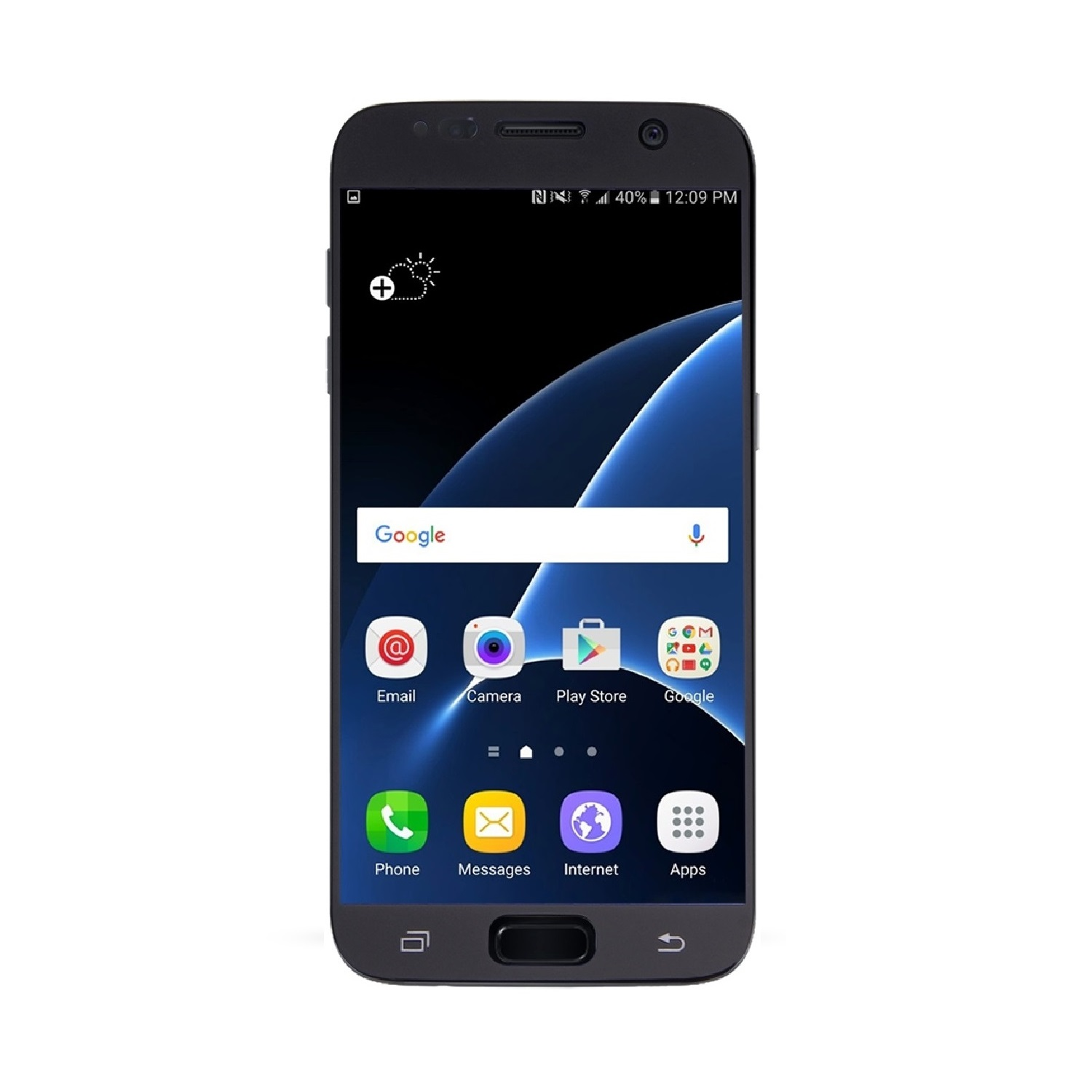 Ein schwarzes Telefon mit gebogenem Bildschirm, das die Google-Suchleiste und verschiedene App-Symbole anzeigt.
