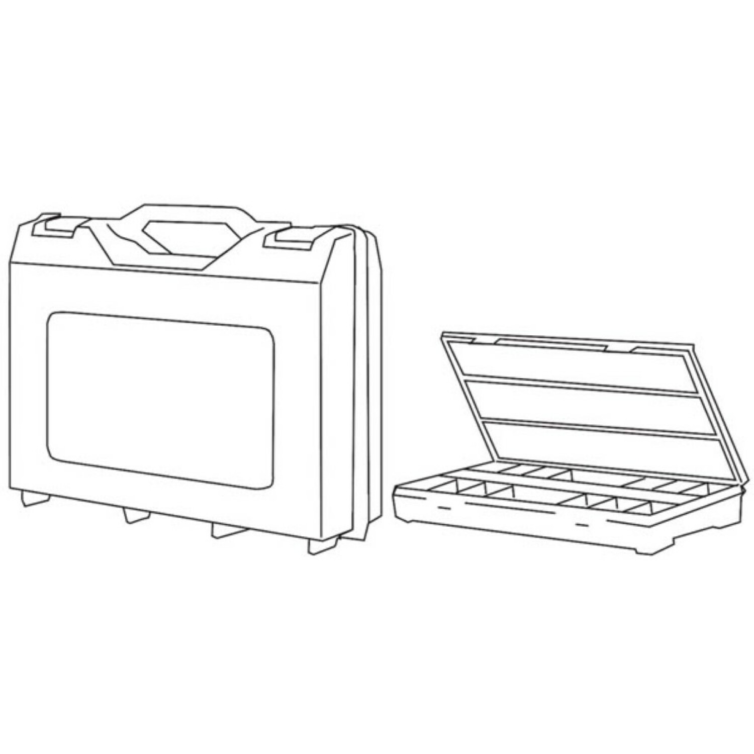 Disegno a linea di una cassetta degli attrezzi nera chiusa e aperta con scomparti per organizzare gli strumenti.