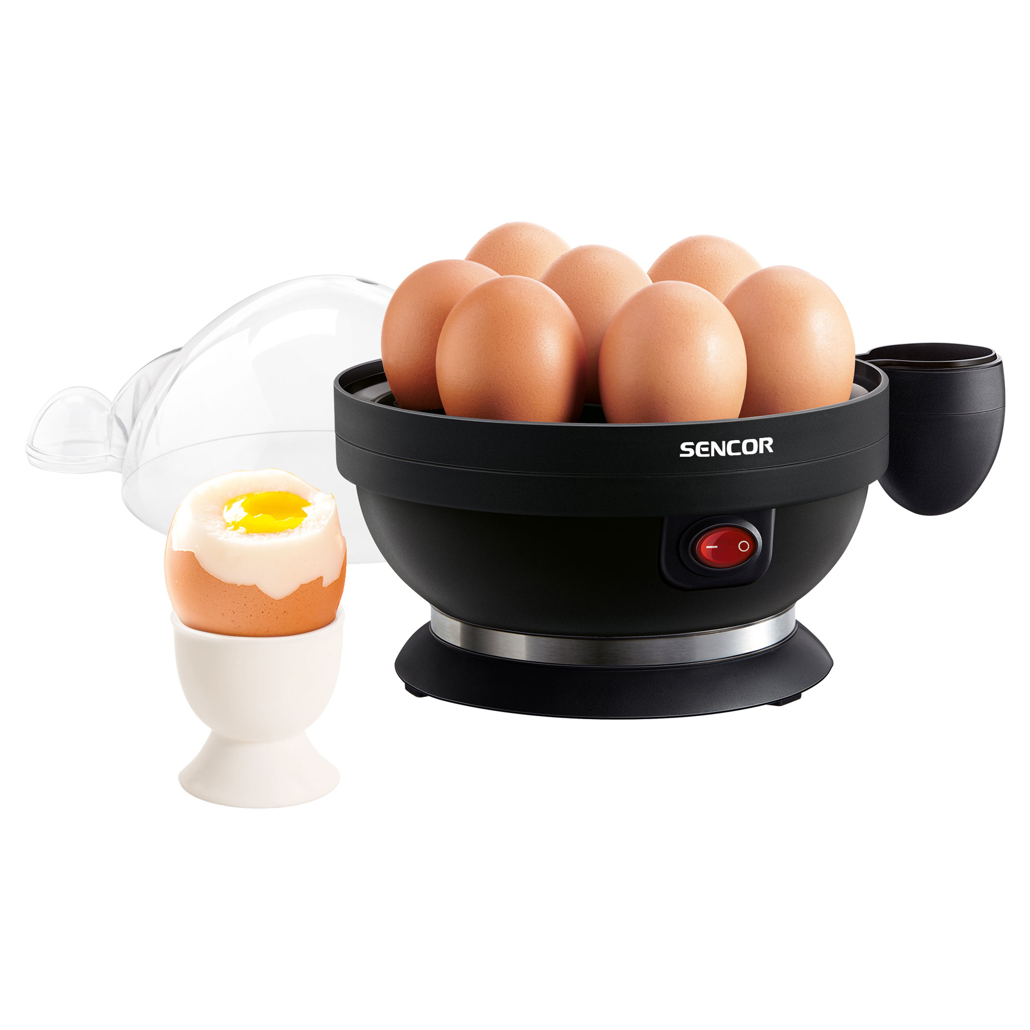 Black egg boiler with 7 brown eggs, one cooked egg in a white eggcup; clear lid on the side.