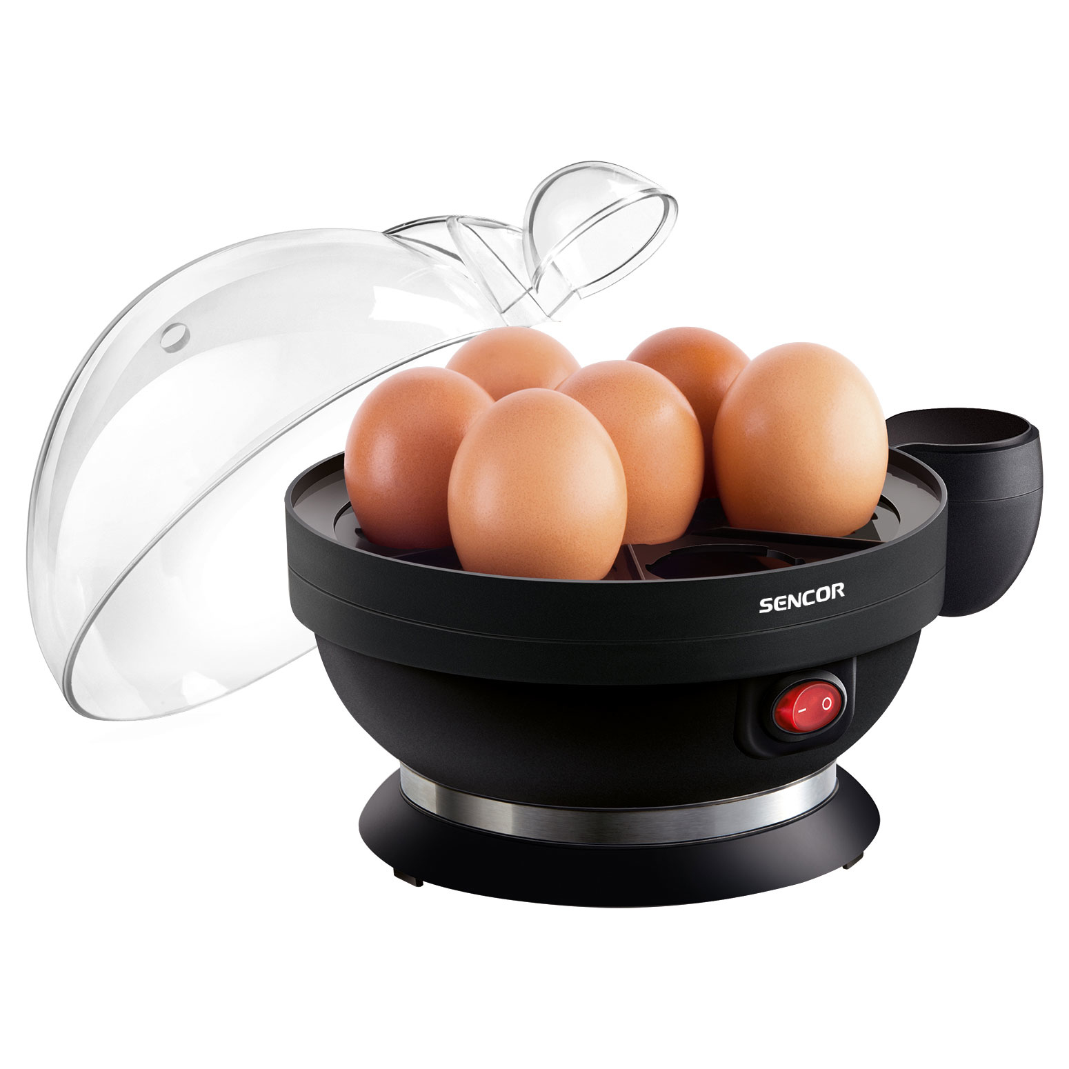 Black egg boiler with 6 brown eggs inside; clear lid on top; red power button on the side.