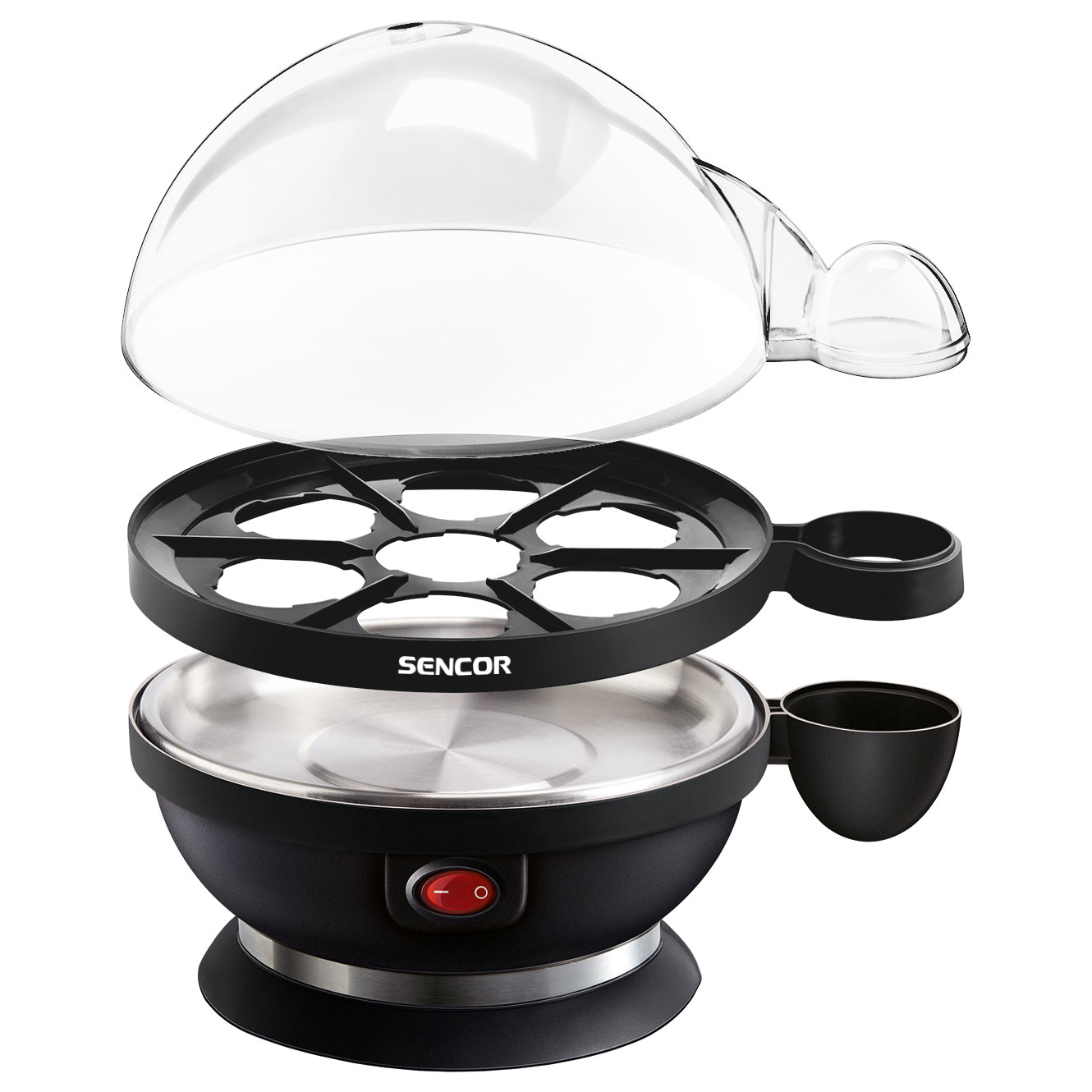 Disassembled black egg boiler showing base, egg holder, and clear lid; red power button on base.