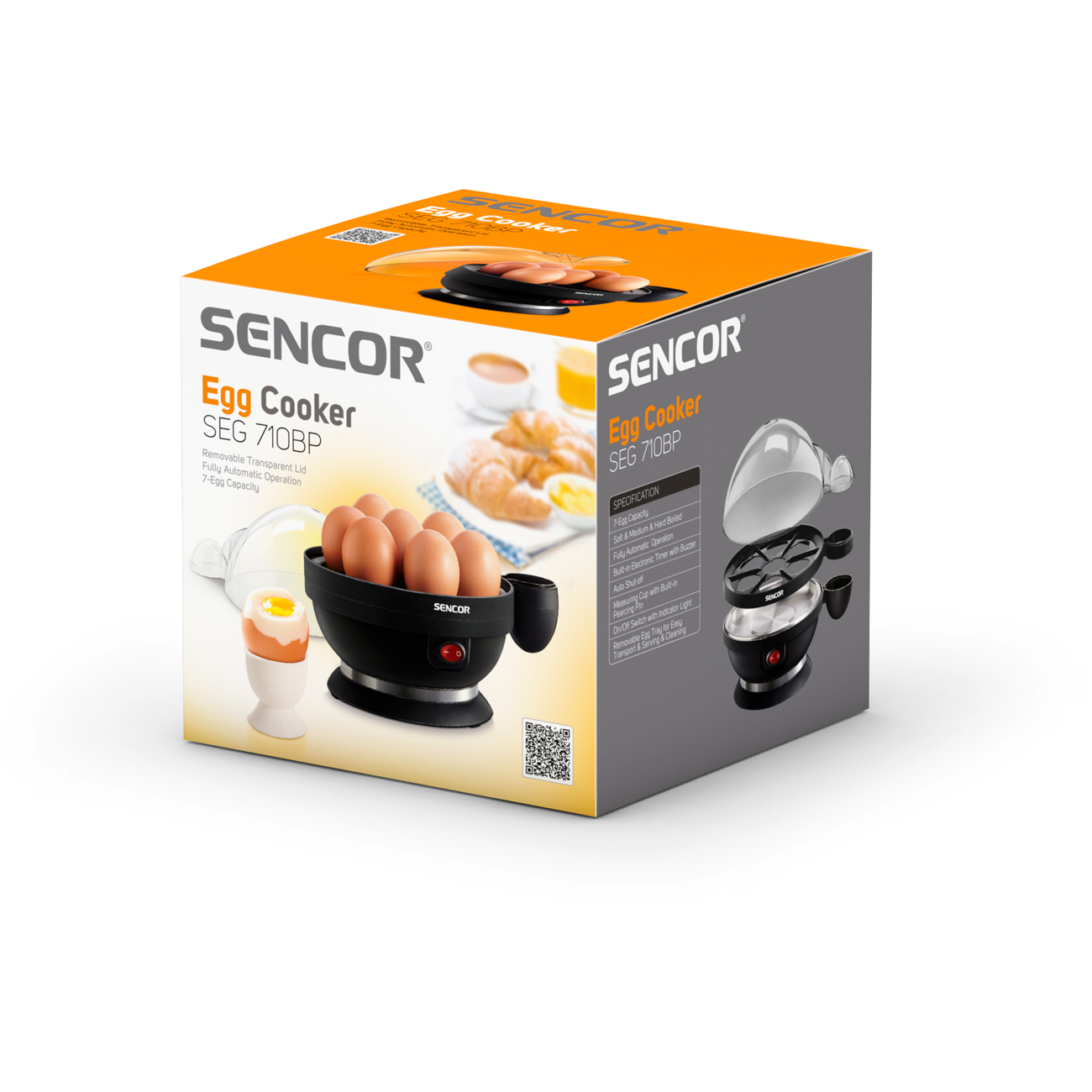 Egg cooker product box with image of the cooker and eggs. Orange and white background. Brand name SENCOR.