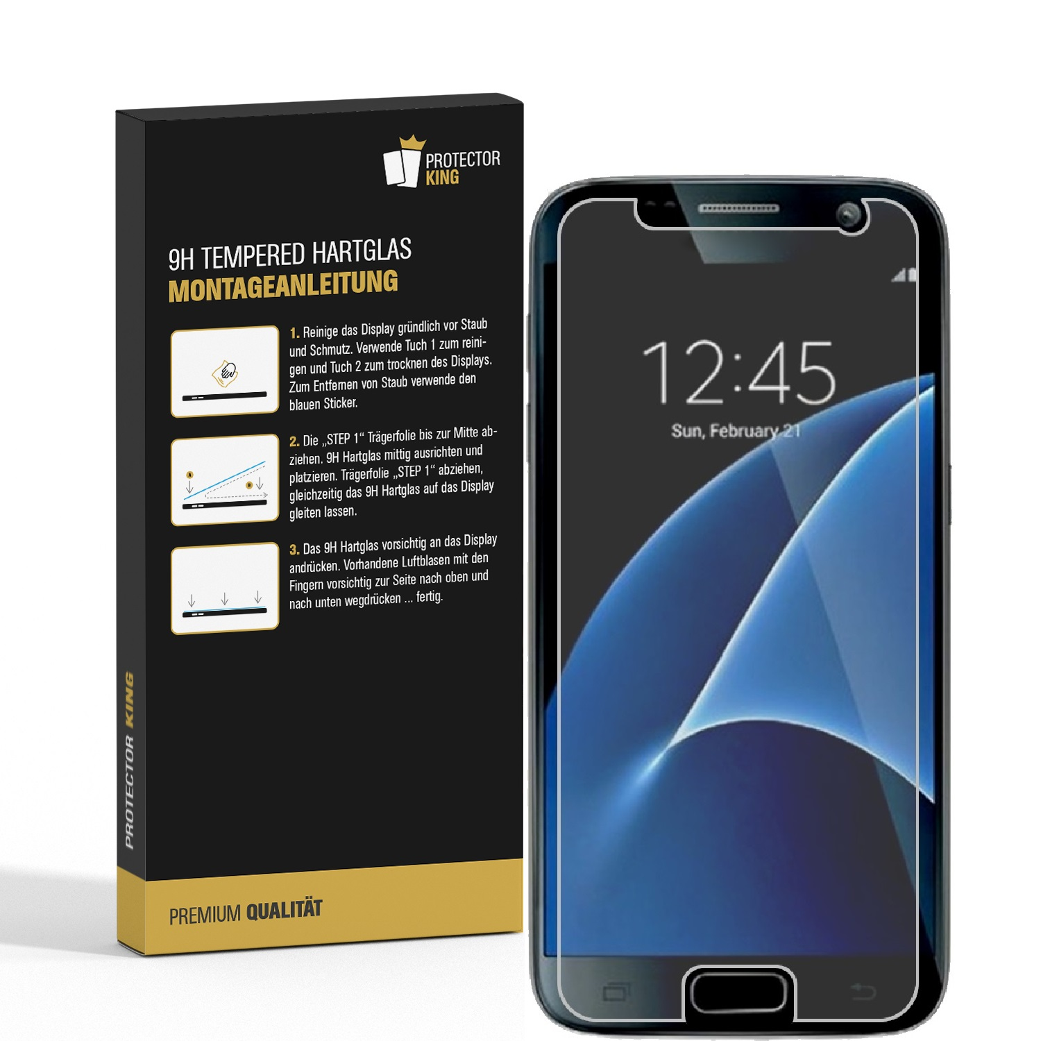 Telefon-Displayschutzbox und Telefon mit Uhrzeit auf dem Bildschirm. Anweisungen auf der Box, Telefon rechts.