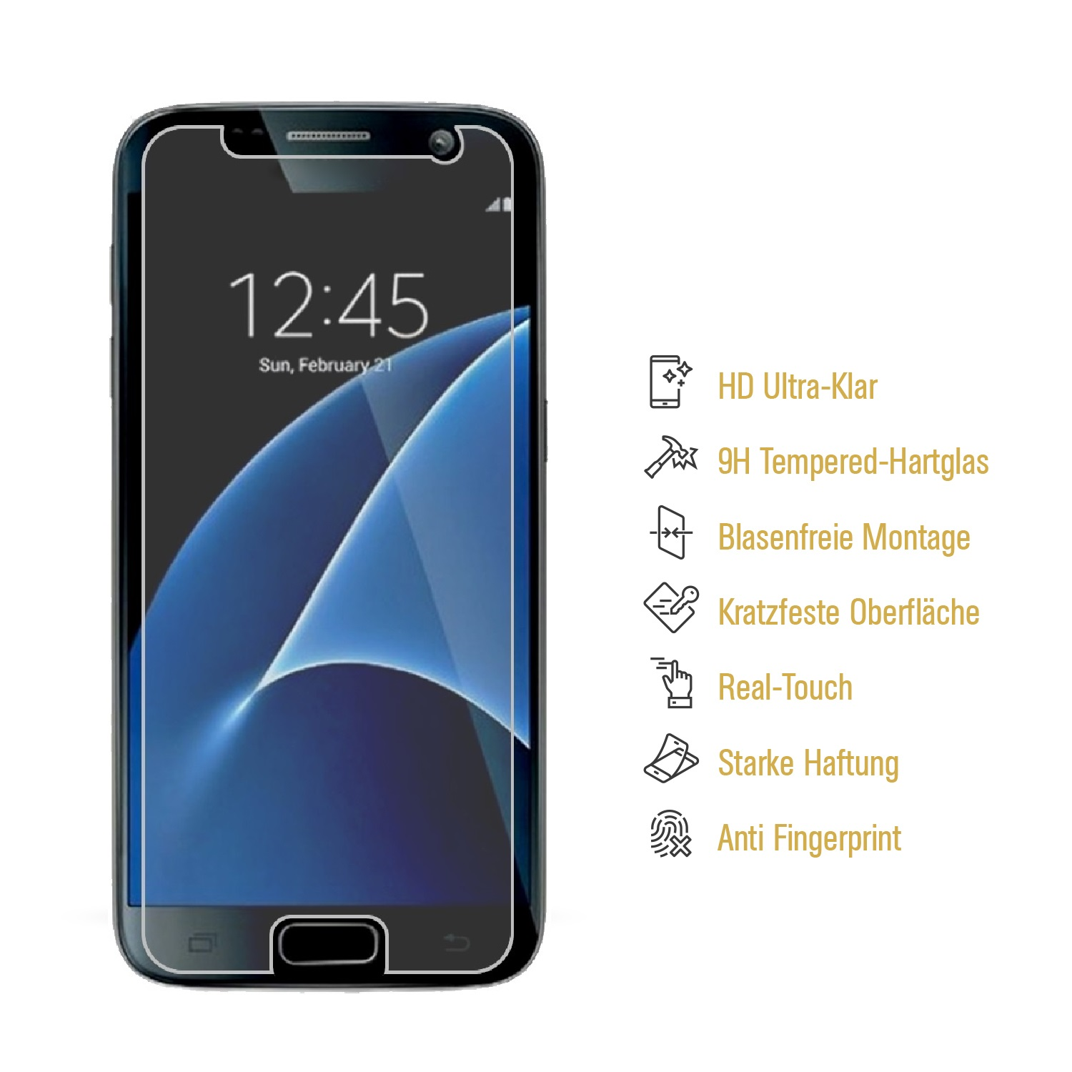 Telefonbildschirm mit Schutz. Text: HD Ultra-Klar, 9H Tempered-Hartglas, Blasenfreie Montage und mehr.