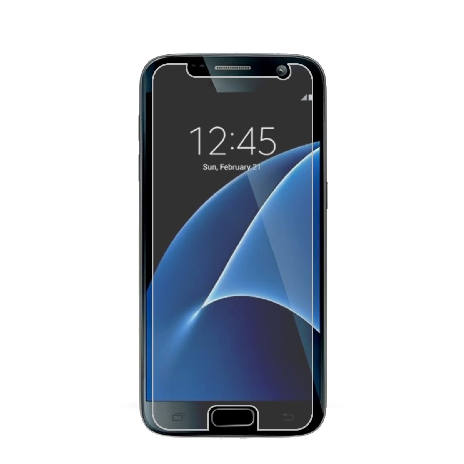 Telefonbildschirm mit Schutz. Zeit wird angezeigt. Gebogene blaue Linien auf dem Bildschirm.