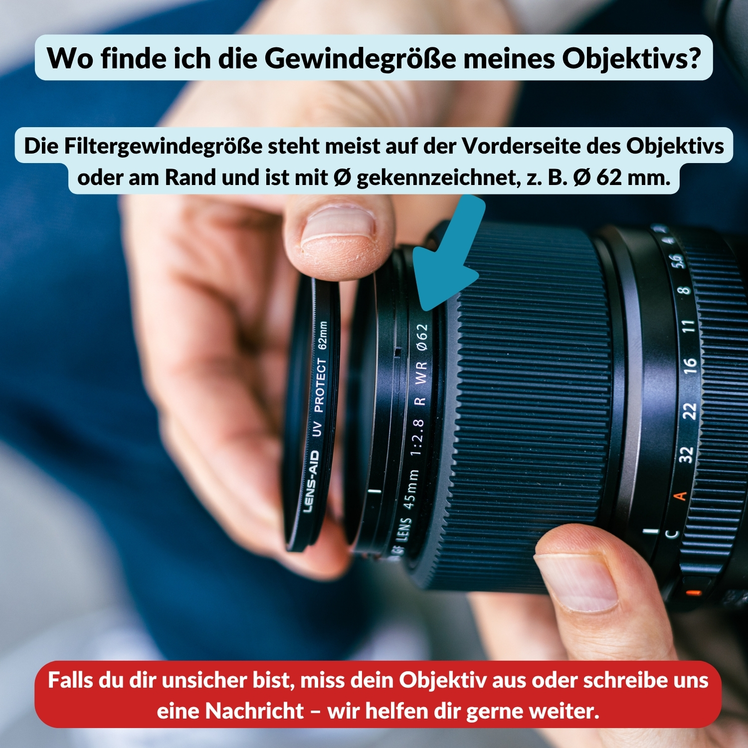 Bild zeigt Objektiv an Kamera mit Pfeil auf Gewindegröße 62mm.