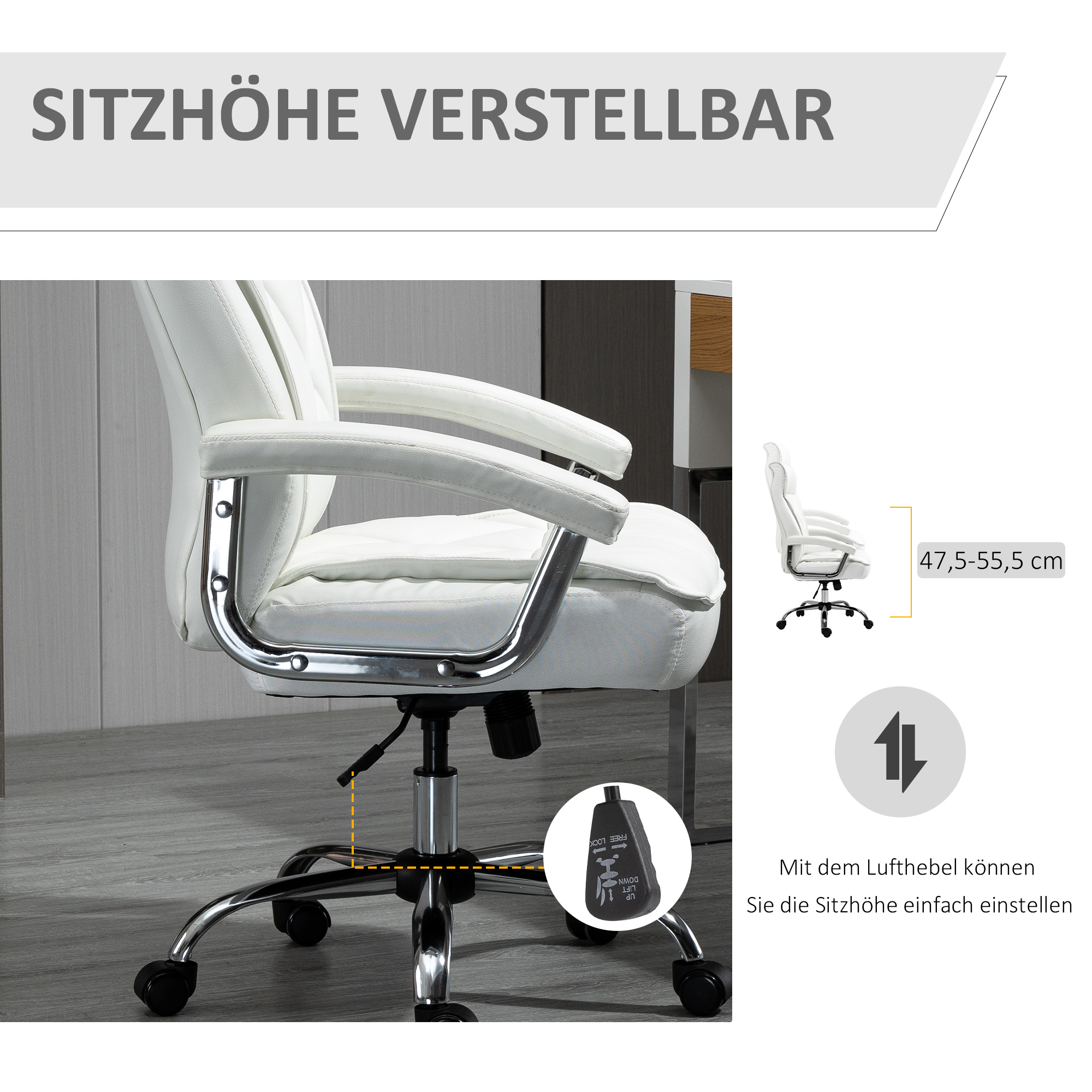 Weißer Bürostuhl mit höhenverstellbarer Sitzfläche. Der Stuhl hat ein silbernes Gestell und schwarze Rollen.