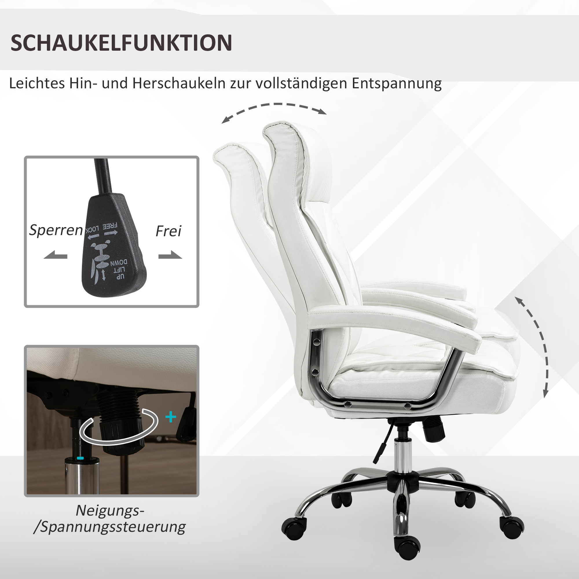 Ein weißer Bürostuhl mit verstellbaren Funktionen und einem Chromgestell, vor weißem Hintergrund.