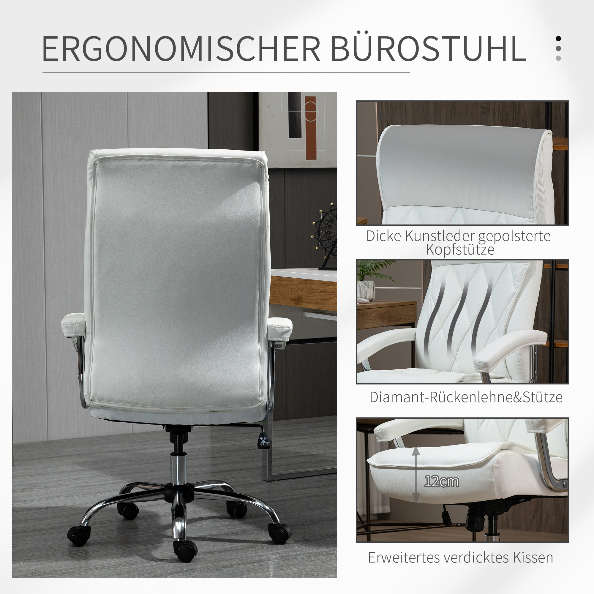 Ein weißer Bürostuhl mit hohem Rücken, Chromgestell und Detailaufnahmen.
