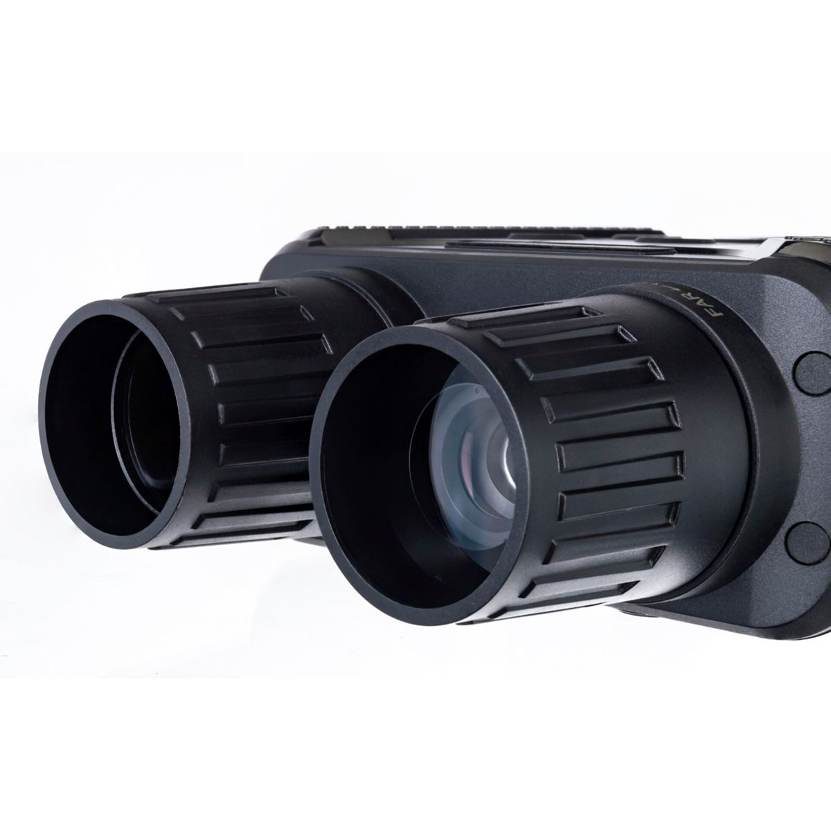 Binocolo per visione notturna nero. Due grandi lenti visibili su sfondo bianco.