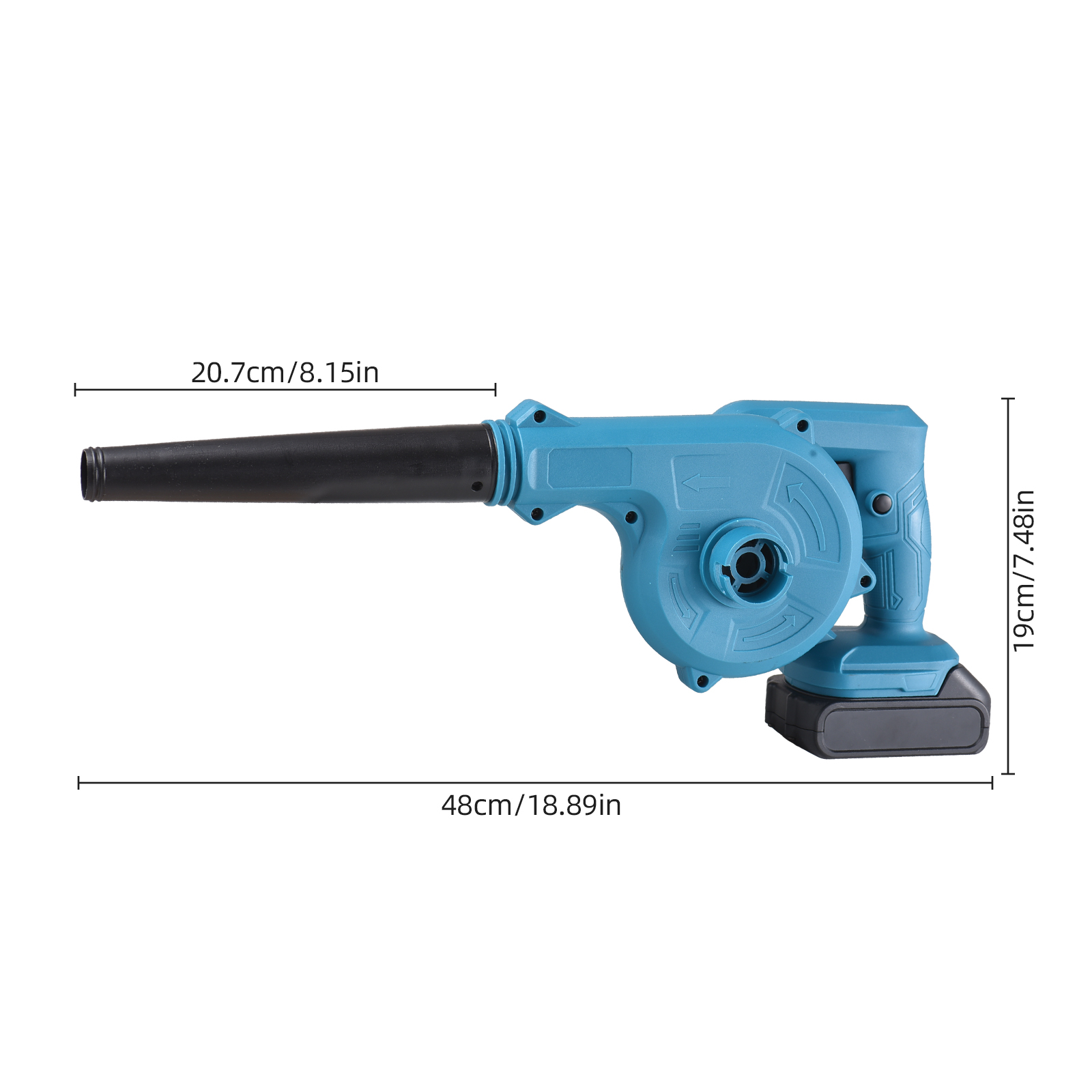 Ein blauer Laubbläser mit den Abmessungen 48 cm/18,89 Zoll und 19 cm/7,48 Zoll.