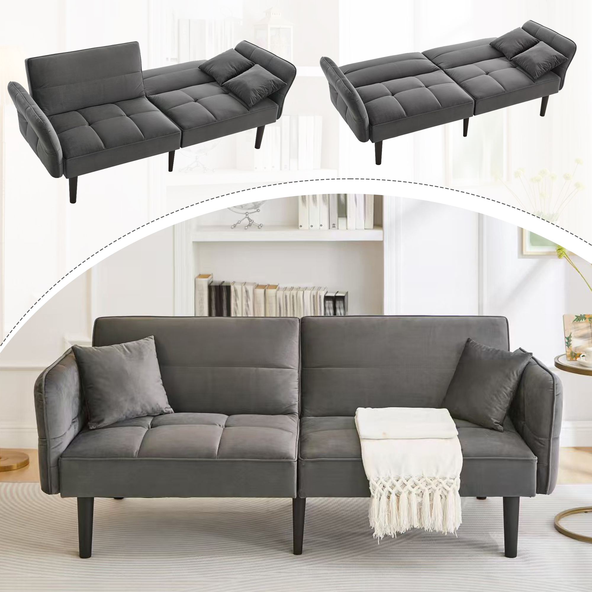 Ein graues Sofa, mit zwei Kissen, in zwei Konfigurationen und einer weißen Decke.