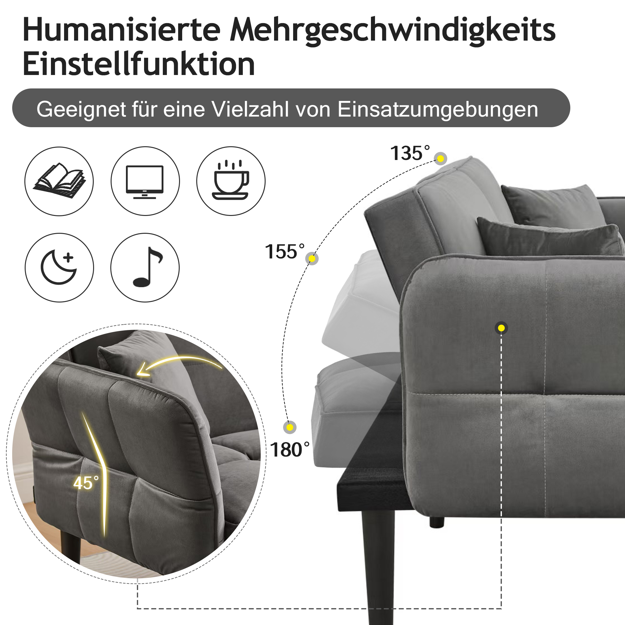Futon-Sofa in Grau, zeigt einstellbare Winkel, mit Symbolen für Nutzungsszenarien.