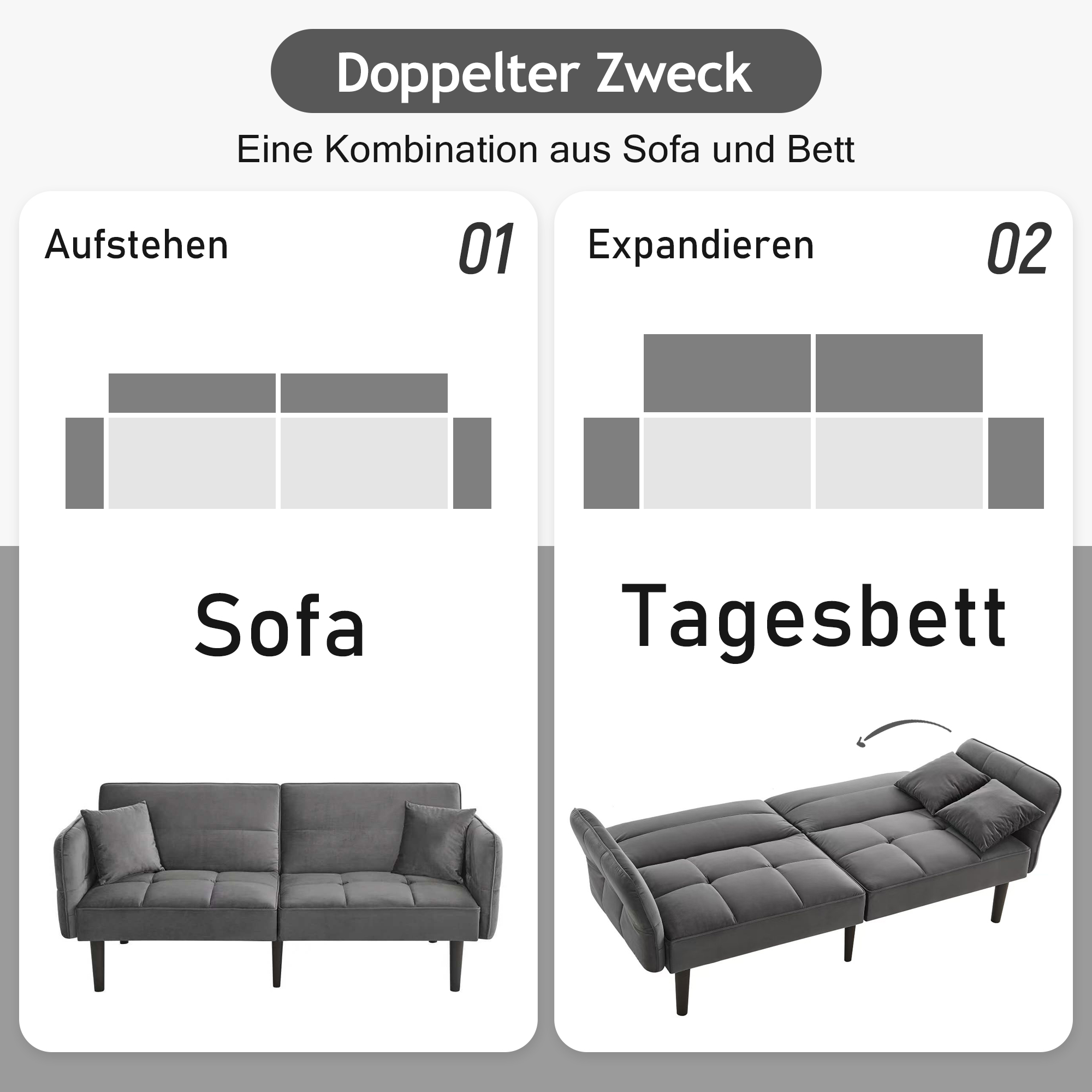 Ein Diagramm, das zeigt, wie ein graues Futon-Sofa in ein Bett umgewandelt wird.