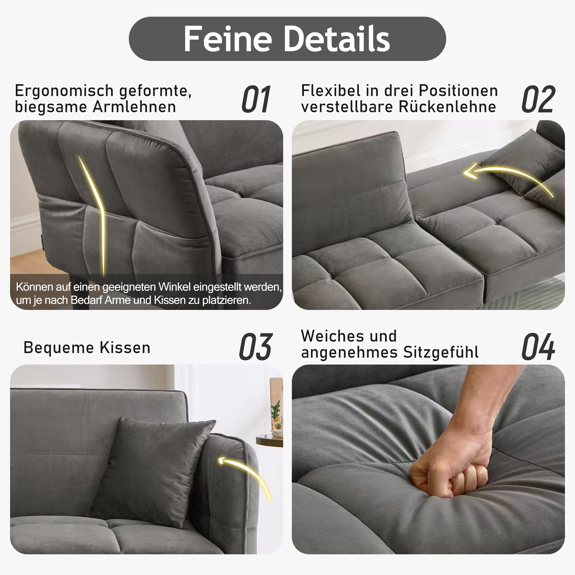 Details eines grauen Futon-Sofas mit Armlehnen, Rückenlehnenpositionen, Kissen und Sitzfläche.