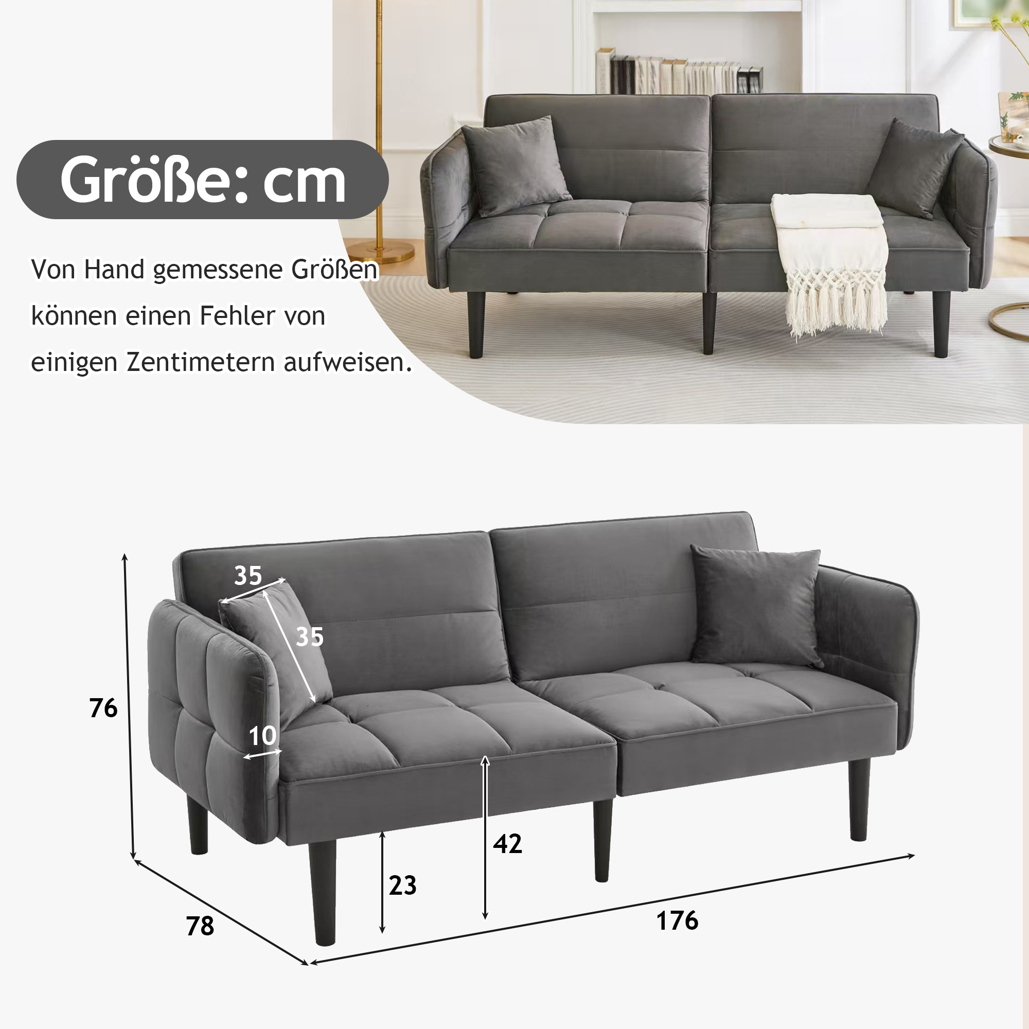 Ein graues Futon-Sofa mit Abmessungen in Zentimetern gekennzeichnet.