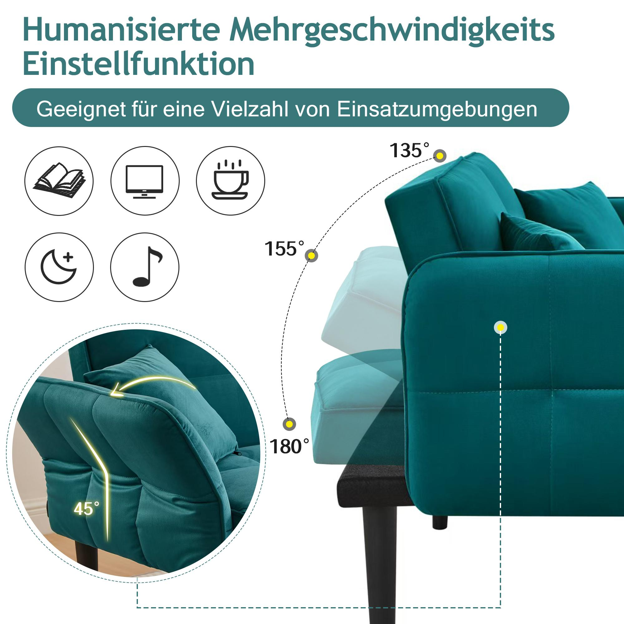 Diagramm eines türkisfarbenen Futon-Sofas mit verstellbaren Rückenlehnenwinkeln. Text auf Deutsch beschreibt Funktionen.