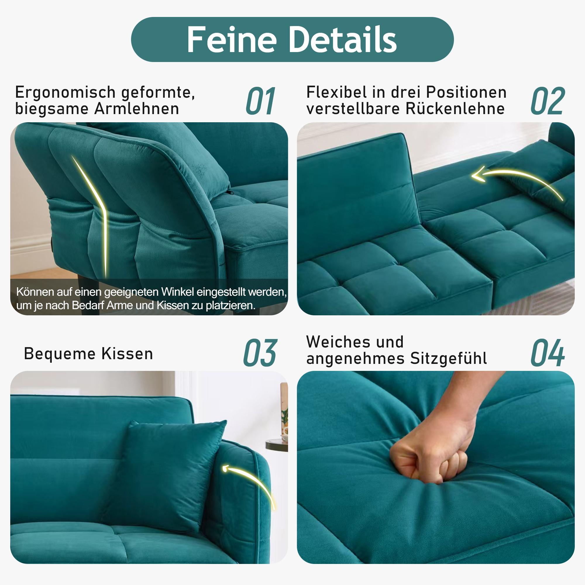 Nahaufnahmen eines türkisfarbenen Futon-Sofas mit Details: Armlehnen, verstellbarem Rücken, bequemen Kissen und weichem Sitz.