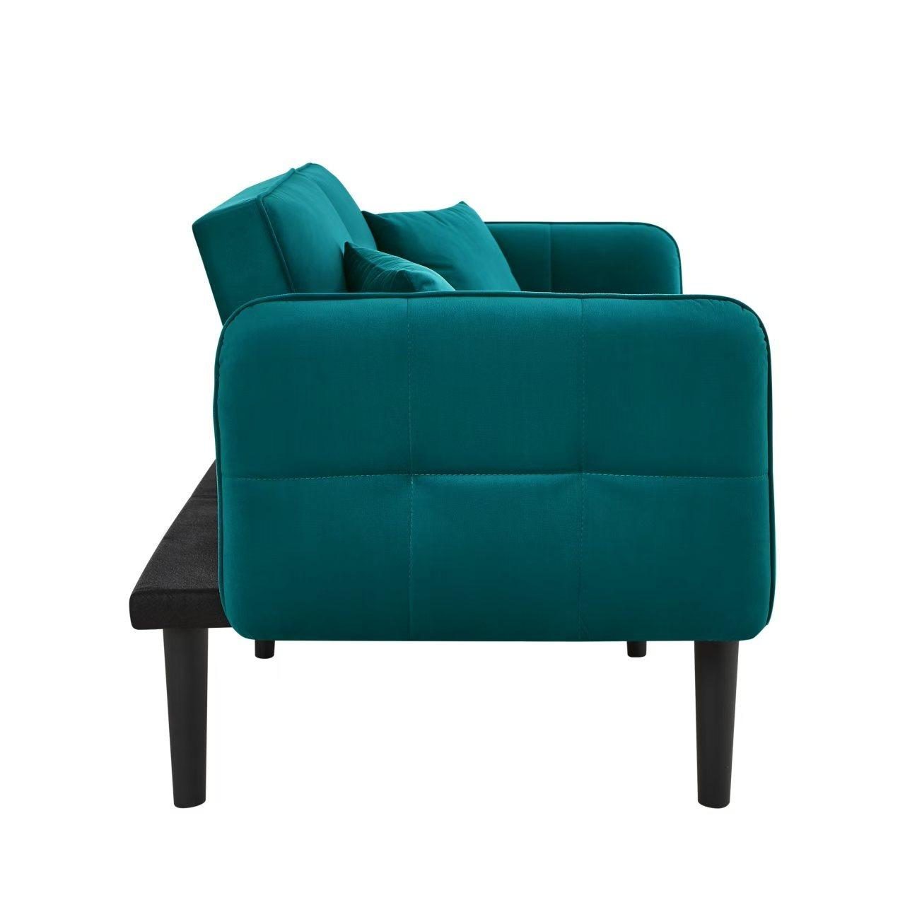 Seitenansicht eines türkisfarbenen Futon-Sofas mit Rücken und Beinen.