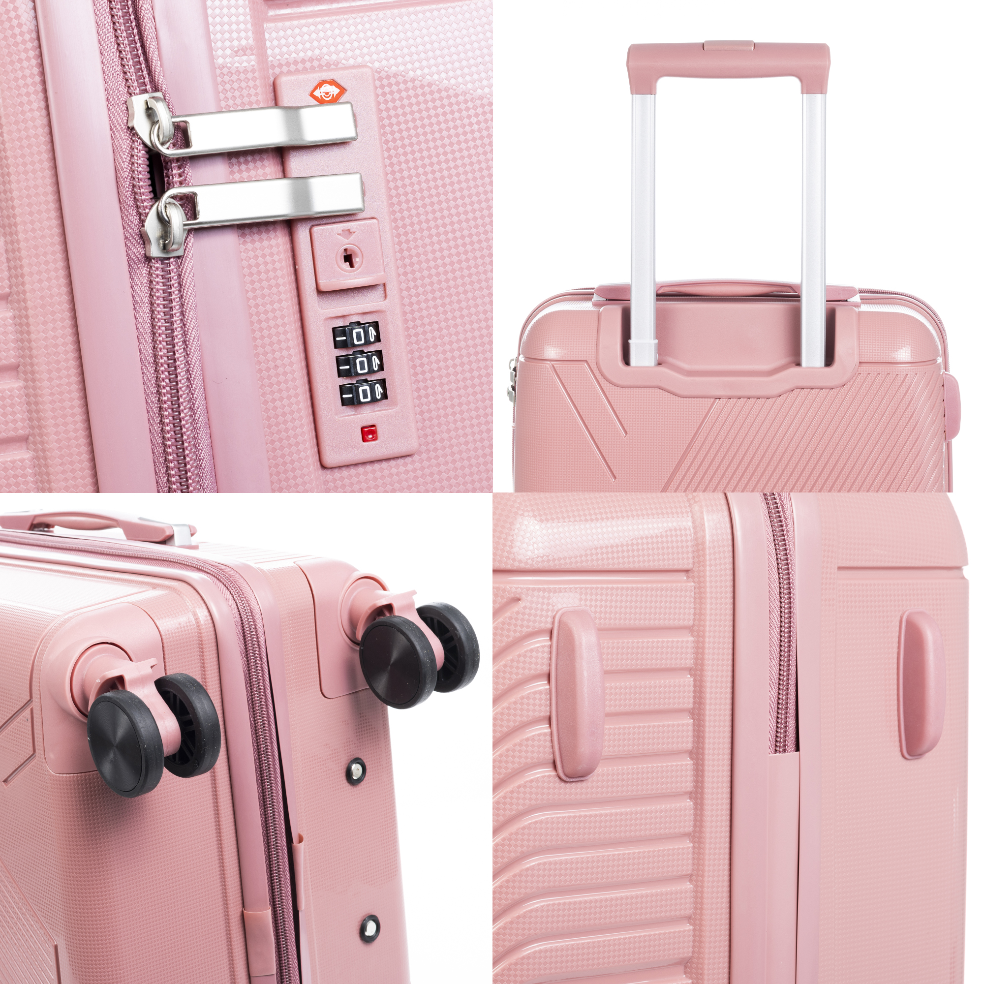 Pinker Koffer Details: Schlösser, Griff, Räder, Nahaufnahmen.