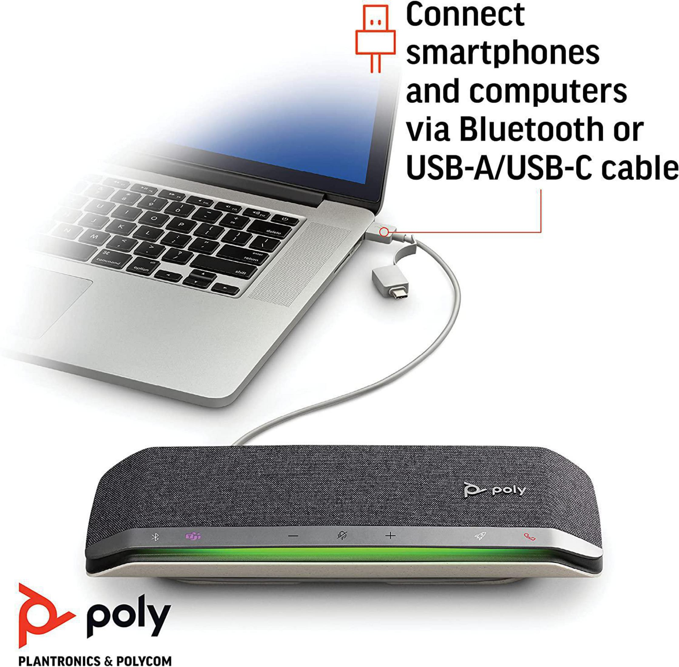 Ein Laptop, der über ein USB-Kabel mit einem Lautsprecher verbunden ist. Text: Verbinden Sie Smartphones und Computer.