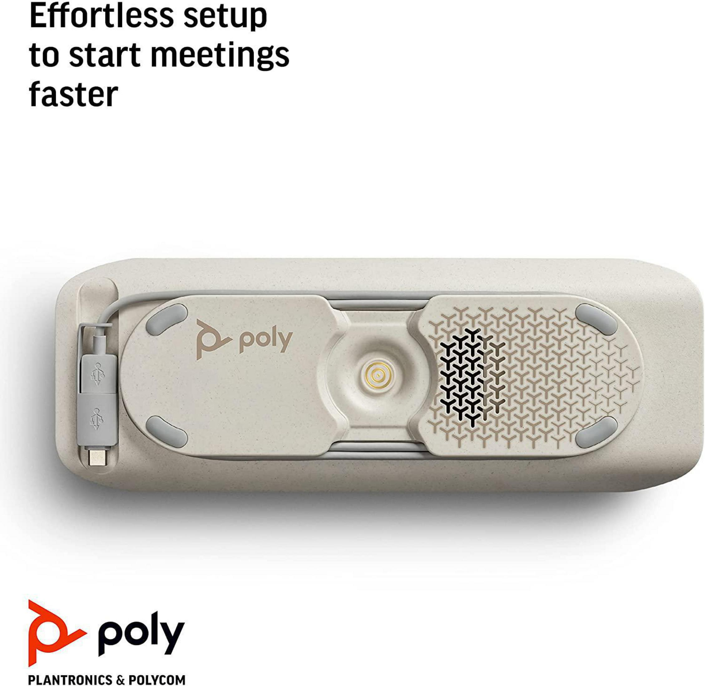 Beige Audiogerät mit Knöpfen und USB-Kabel. Text: Einfache Einrichtung für Meetings.