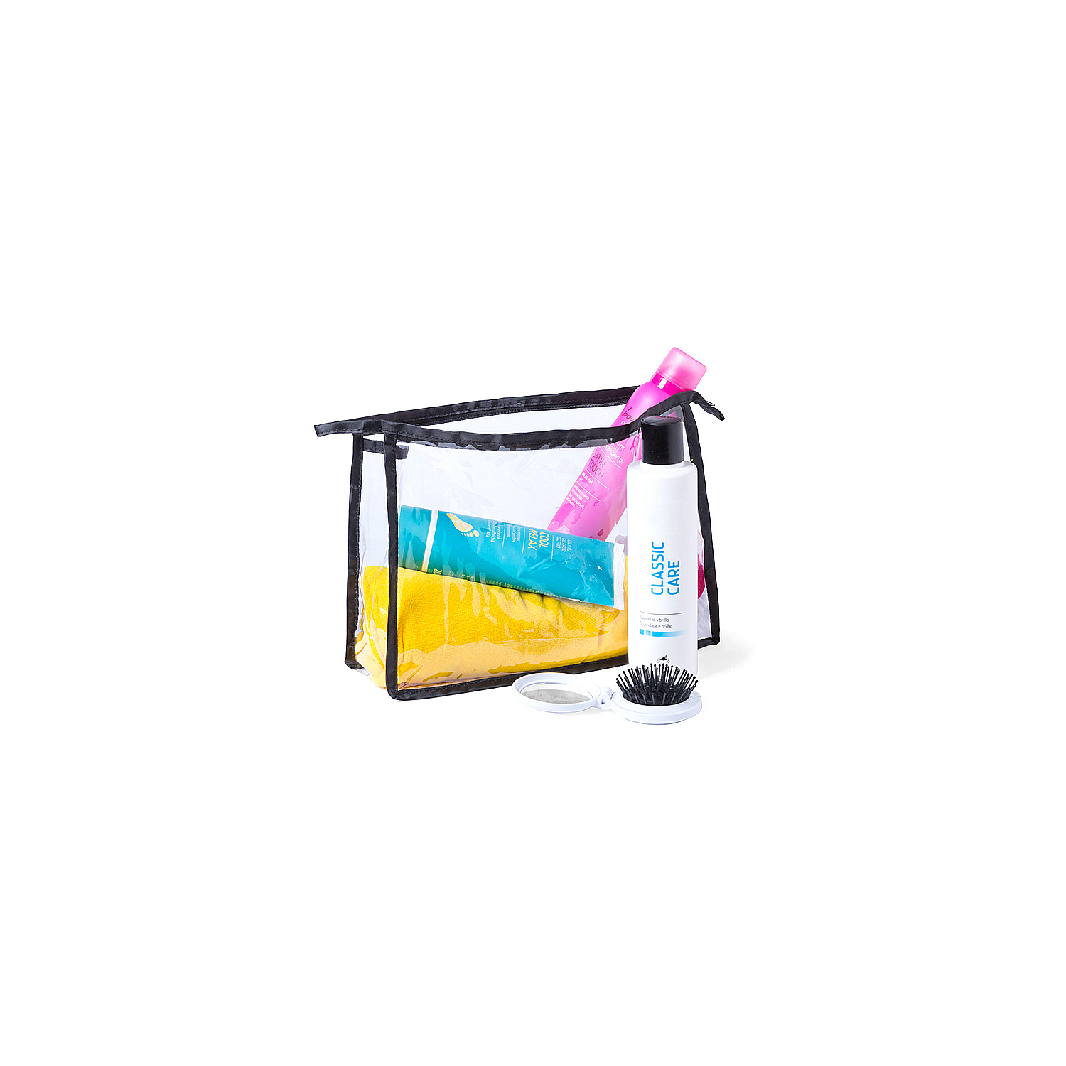 Transparente Kosmetiktasche mit Produkten. Weißer Hintergrund.