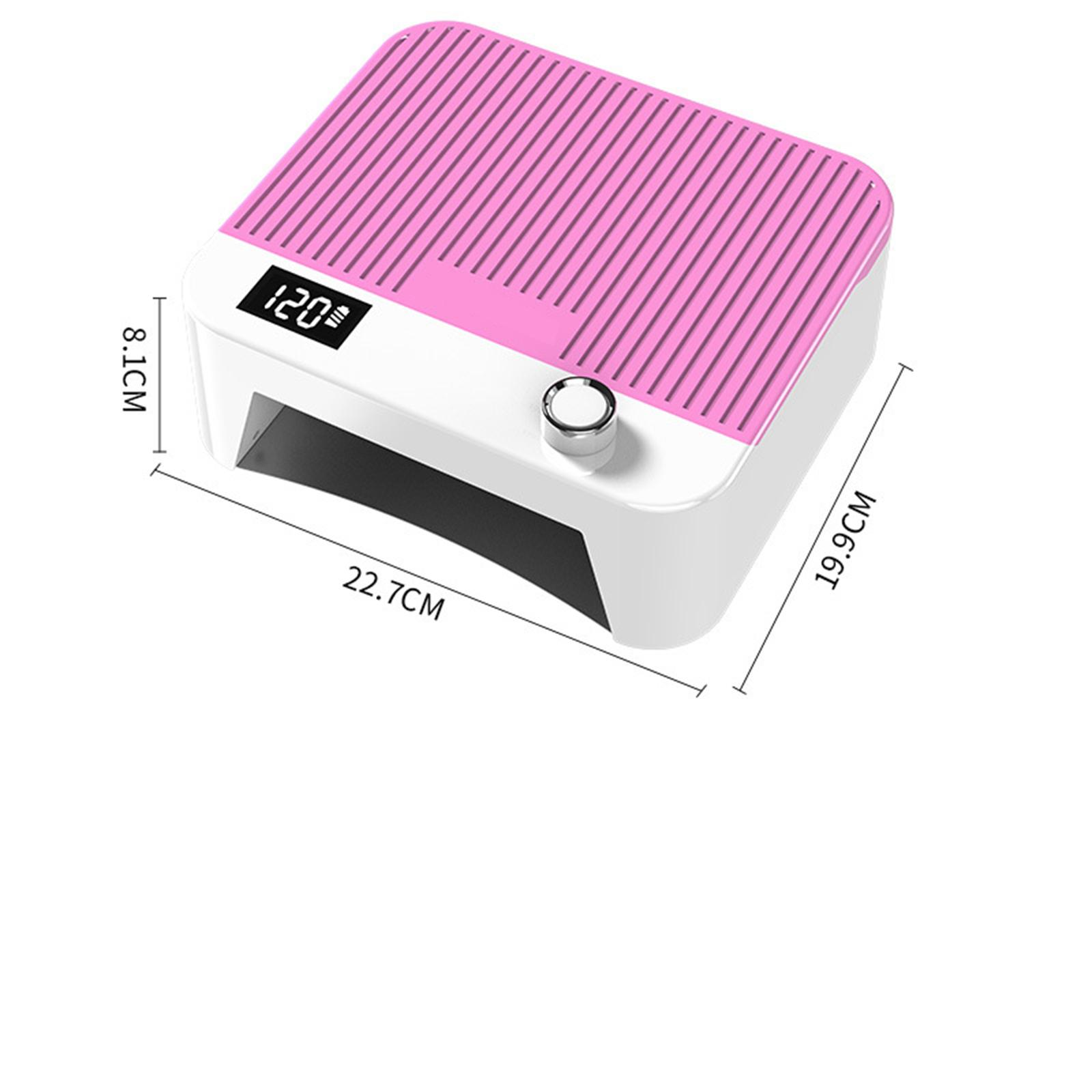 Ein pink-weißer Nageltrockner mit Digitalanzeige für die Zeit und einem Bedienknopf.