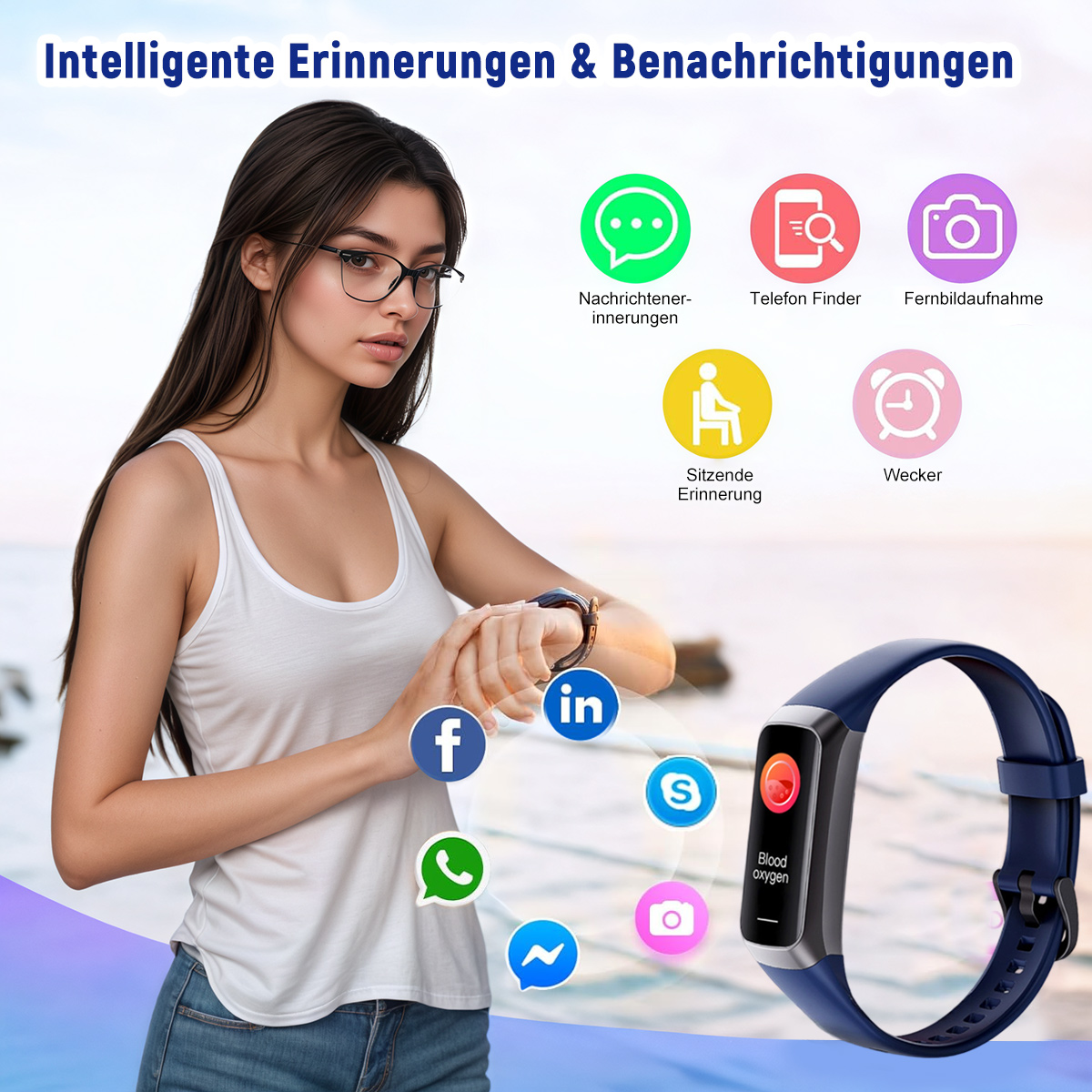 Eine Frau mit Brille, die eine Smartwatch mit Social-Media-Symbolen und Gesundheitsmetriken betrachtet.