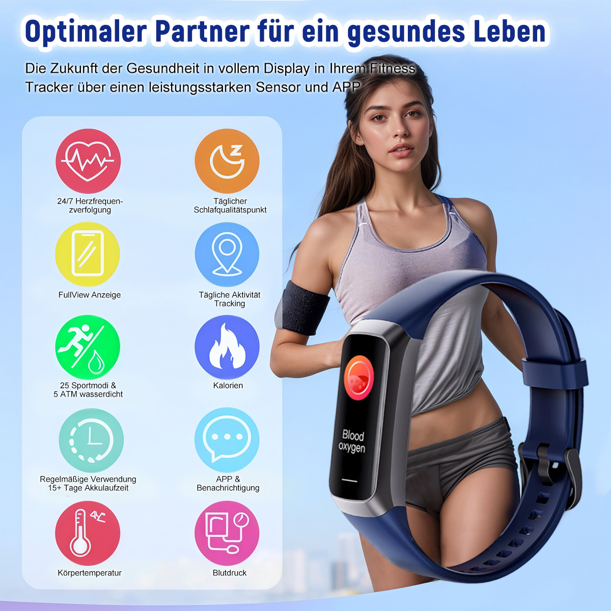 Eine Frau betrachtet eine Smartwatch mit Gesundheitsmetriken und Symbolen, in der Nähe einer Reihe von Symbolen.
