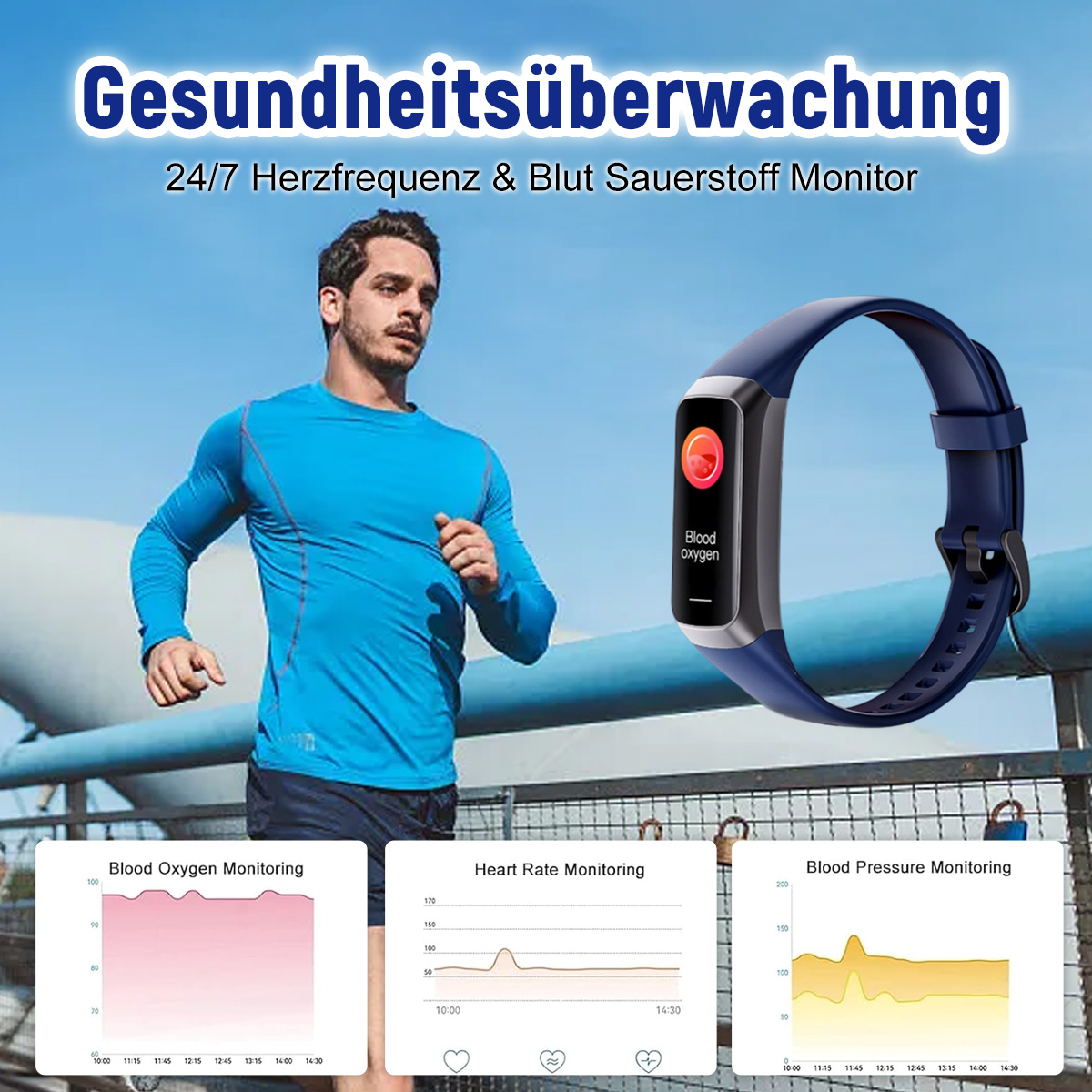 Mann joggt, trägt Blau, mit Fitness-Tracker. Diagramme zeigen Daten zu Blutsauerstoff, Herzfrequenz und Blutdruck.