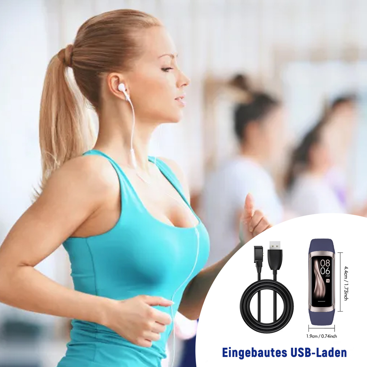 Eine Frau rennt mit Ohrhörern und Fitness-Tracker, mit Ladekabel und Tracker.