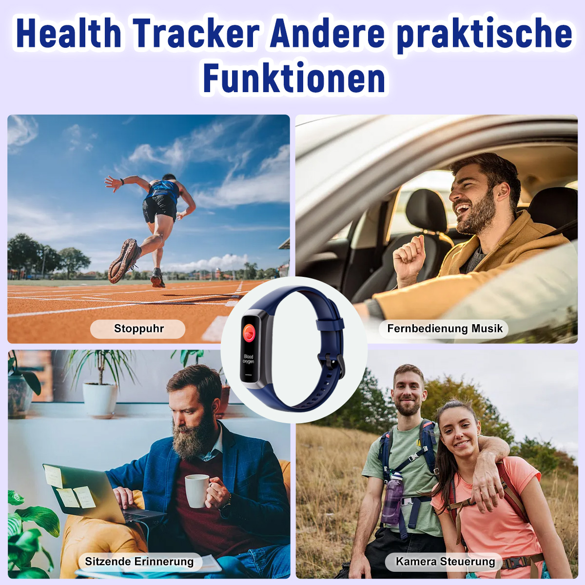 Bilder zeigen Gesundheits-Tracker-Funktionen: Stoppuhr, Musiksteuerung, Sitzerinnerung und Kamerasteuerung.