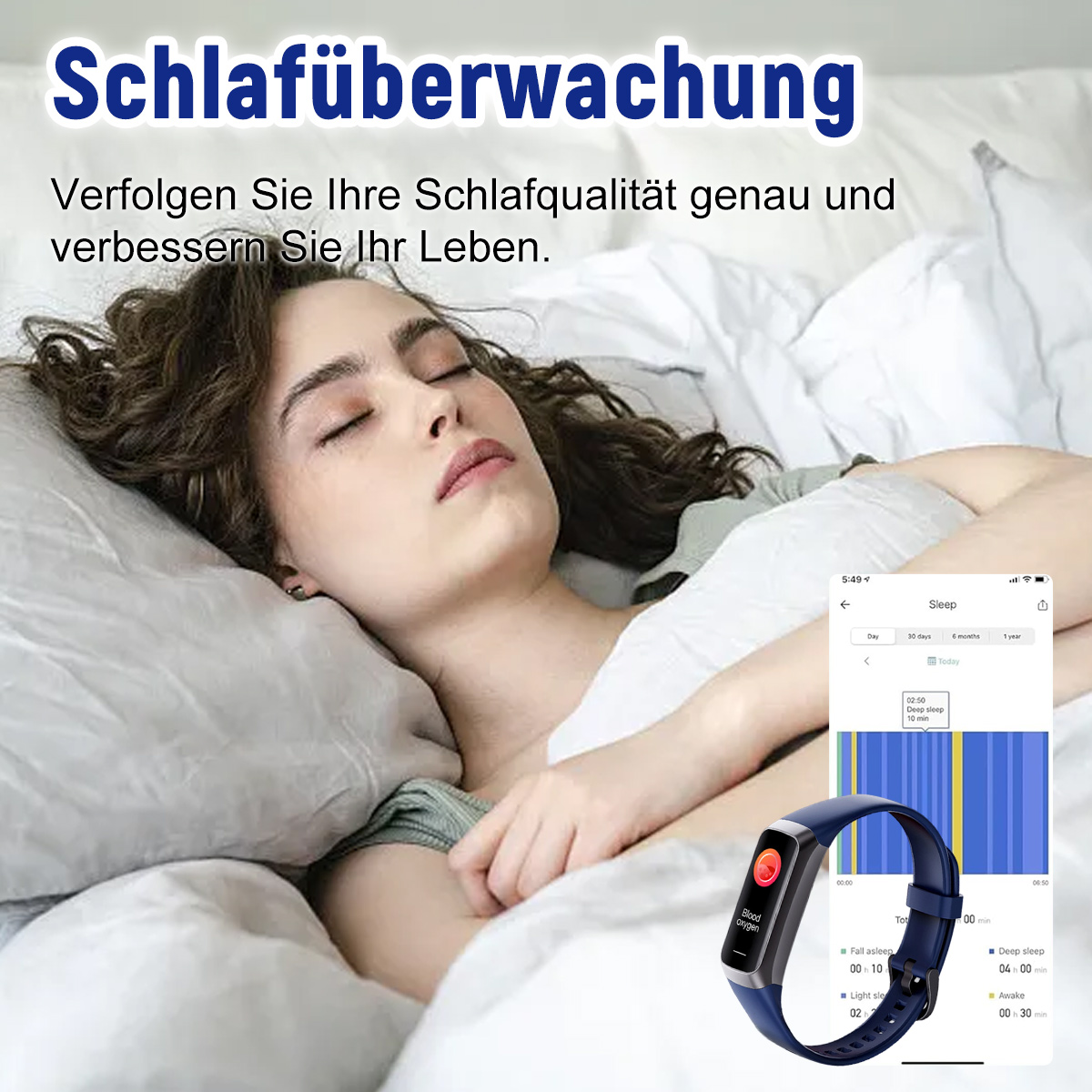 Frau schläft im Bett, mit Fitness-Tracker, der Schlafdaten auf einem Handy-Bildschirm anzeigt.
